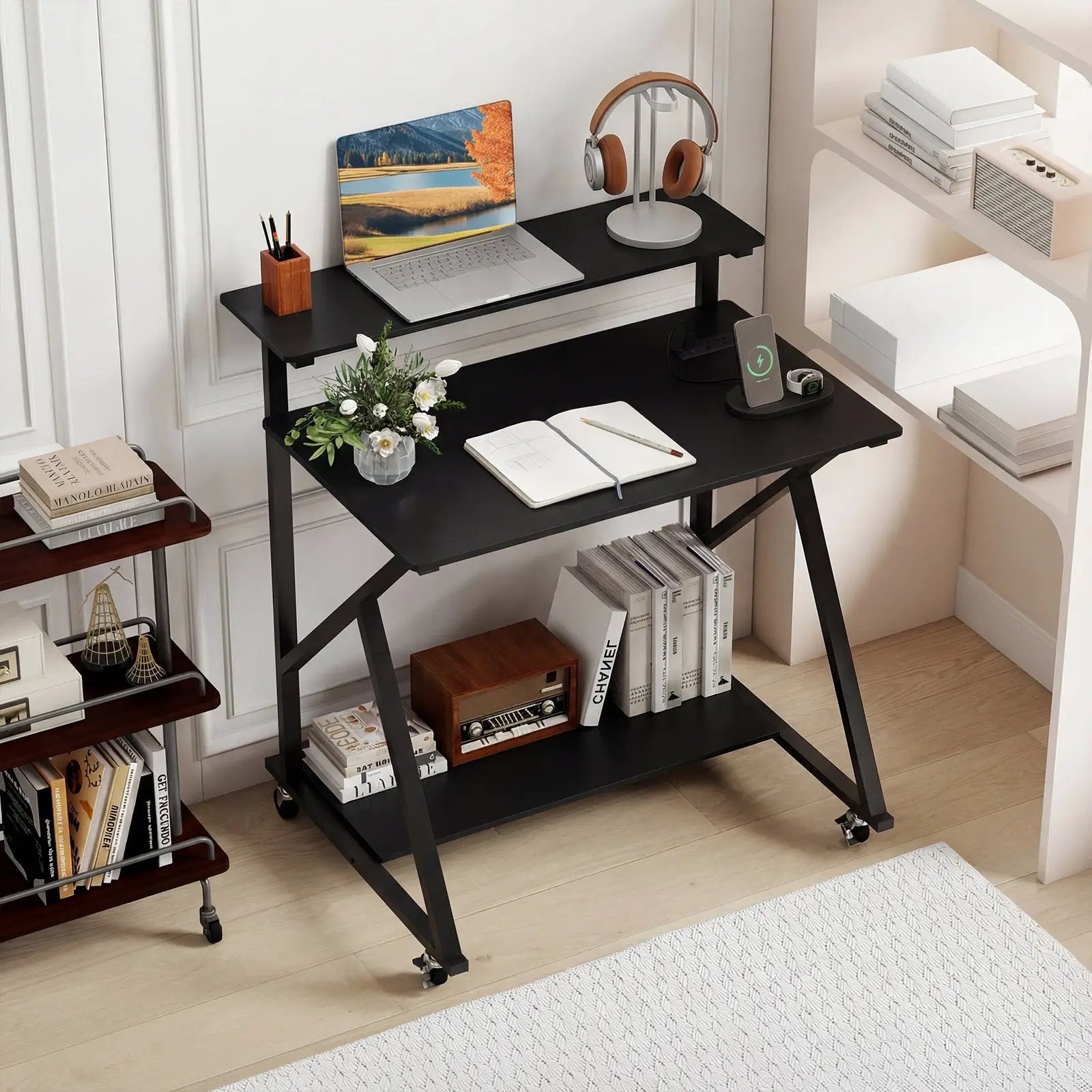 32 Inch Rolling Computer Desk for Small Spaces with Power Outlets by DirectDeals