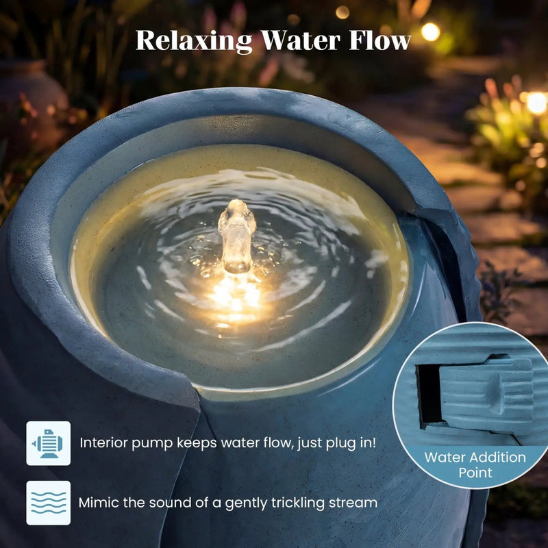 32 Inch Tall Jar Water Fountain with LED Lights and Pump Vintage Ceramic by DirectDeals