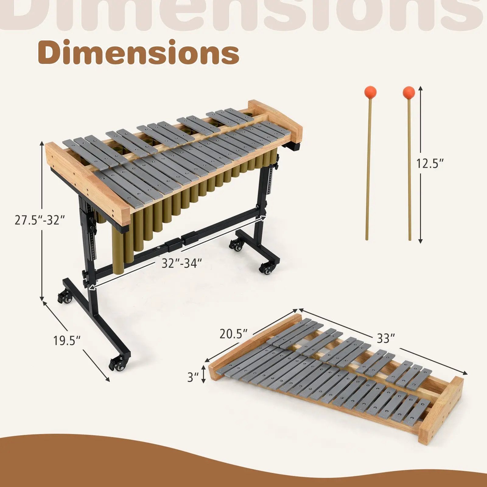 32 Note Marimba Aluminum Xylophone with Rubber Wood Base-Golden by DirectDeals