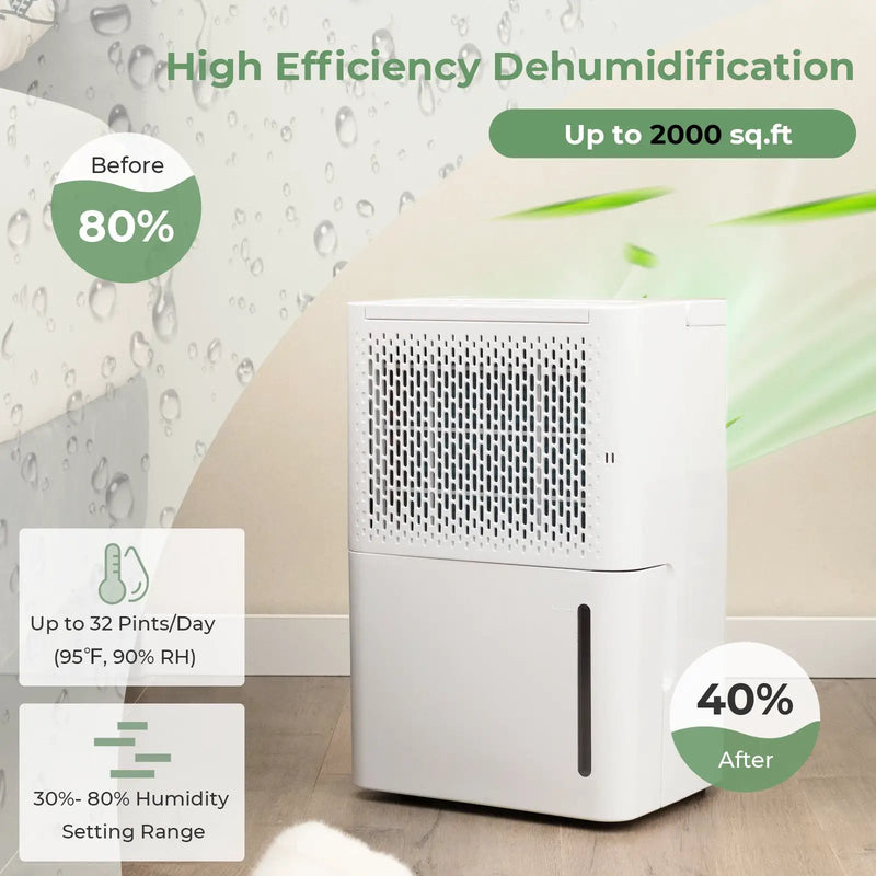 2000 Sq. Ft 32 Pint Dehumidifier with Continuous/Drying/Auto Mode-White by DirectDeals