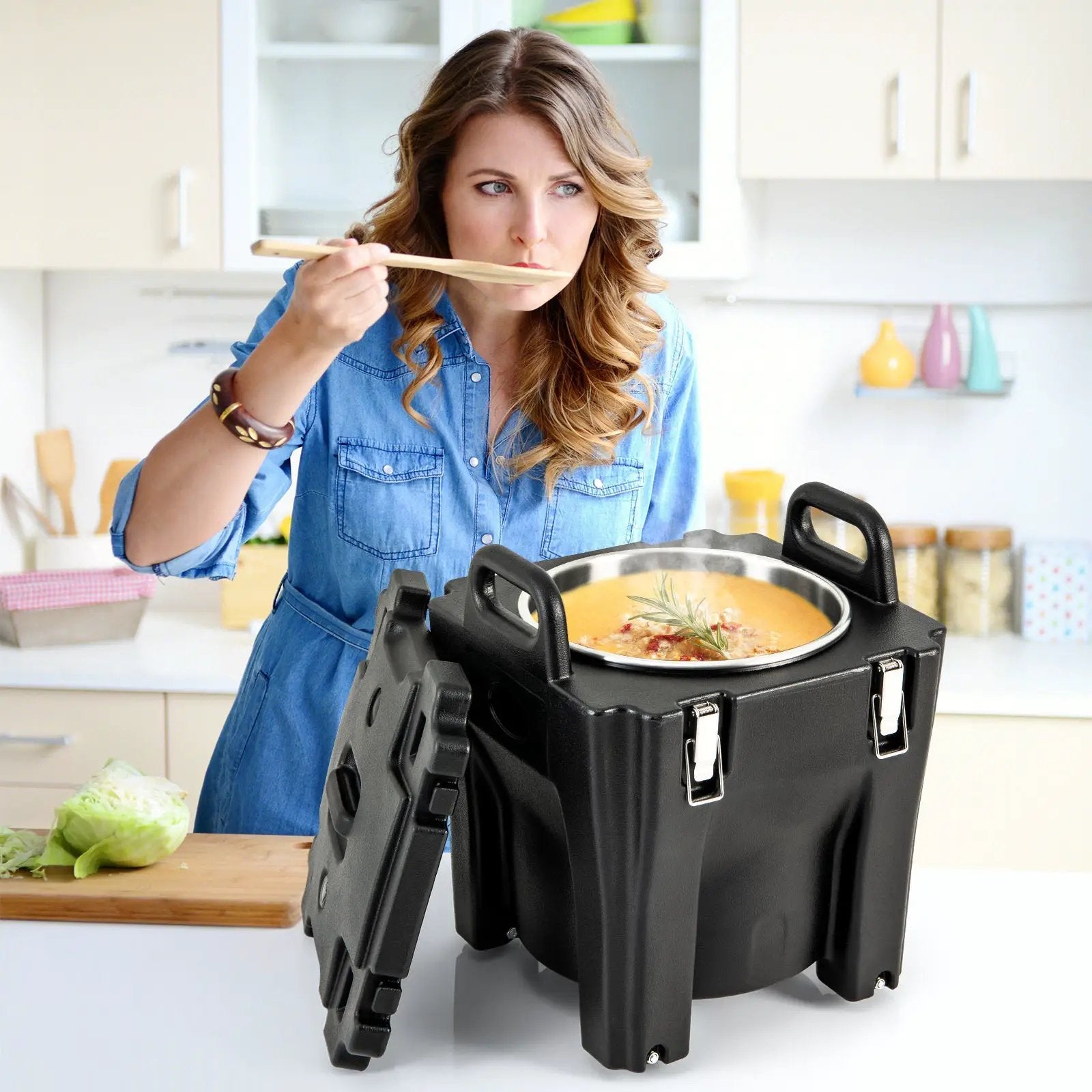 32 QT Portable Insulated Food Carrier with Stainless Steel Barrel for Catering Camping-Black by DirectDeals