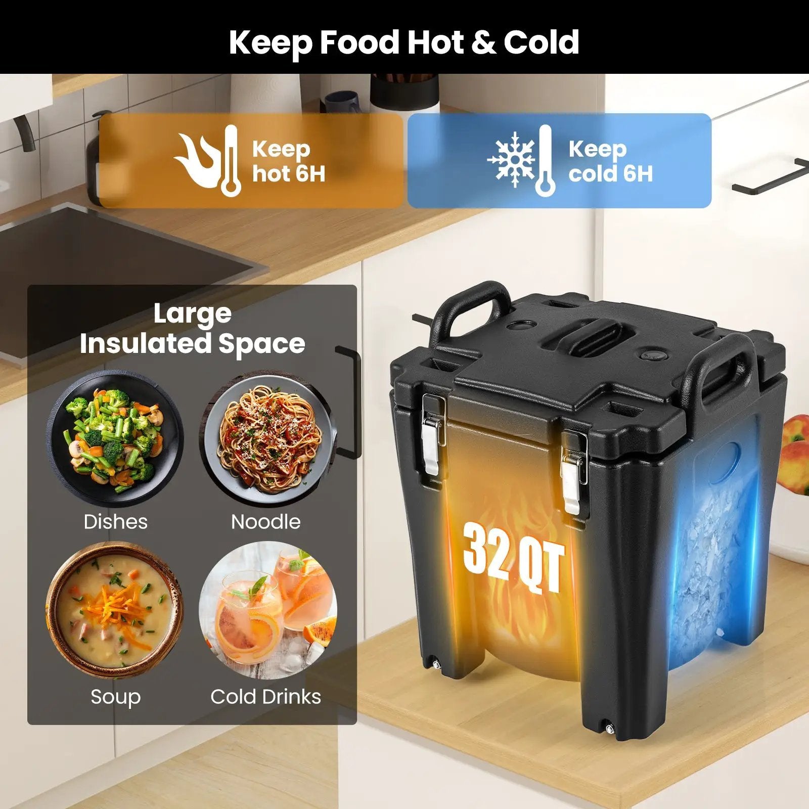 32 QT Portable Insulated Food Carrier with Stainless Steel Barrel for Catering Camping-Black by DirectDeals