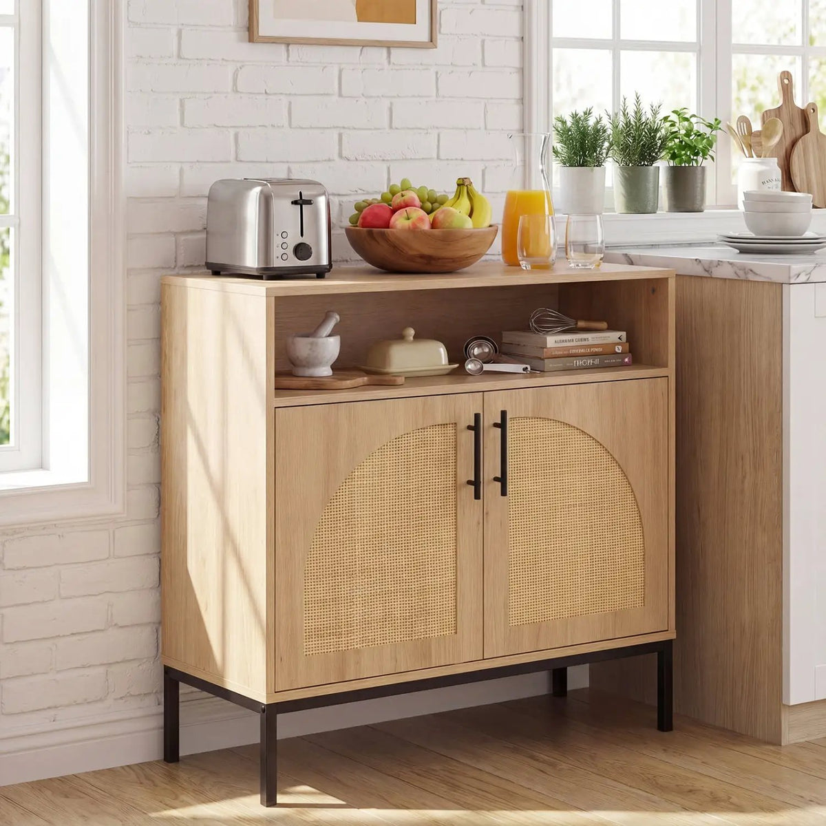 32" Sideboard Buffet Cabinet with 2 Natural Rattan Decorated Doors and Adjustable Shelf, photo 3 of 16