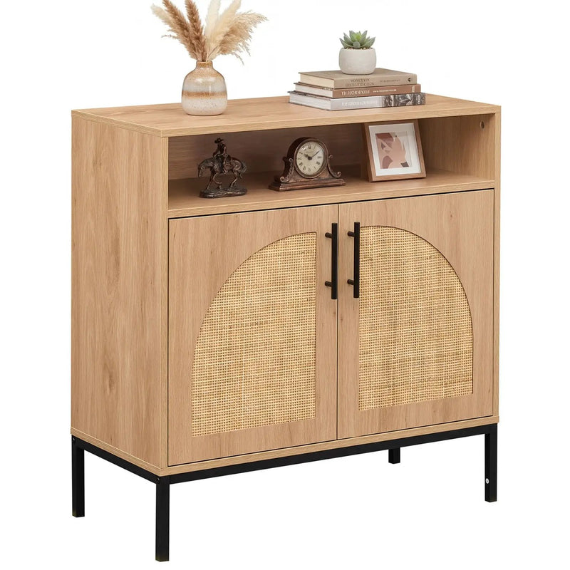 32" Sideboard Buffet Cabinet with 2 Natural Rattan Decorated Doors and Adjustable Shelf by DirectDeals