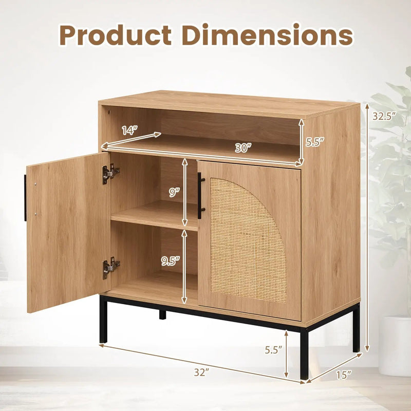 32" Sideboard Buffet Cabinet with 2 Natural Rattan Decorated Doors and Adjustable Shelf by DirectDeals