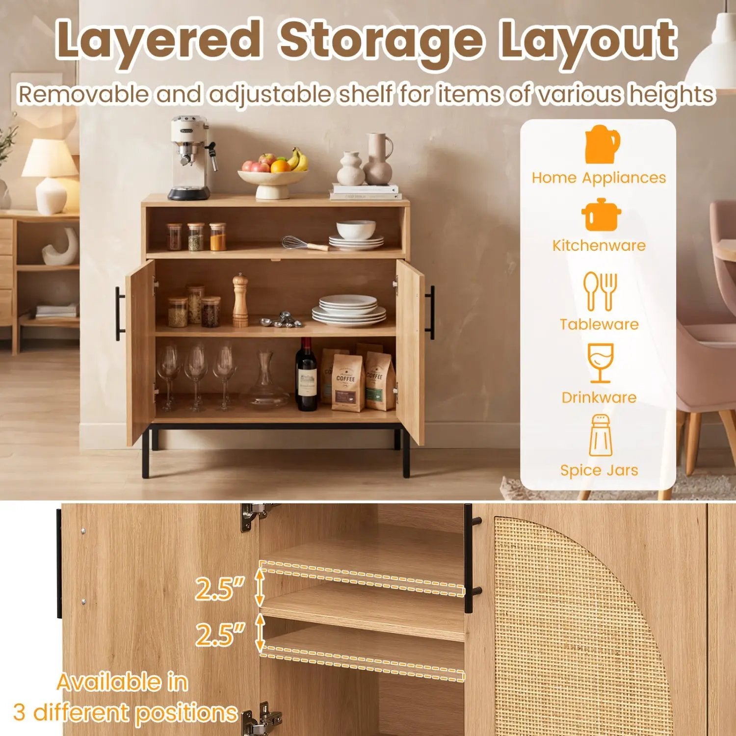 32" Sideboard Buffet Cabinet with 2 Natural Rattan Decorated Doors and Adjustable Shelf by DirectDeals
