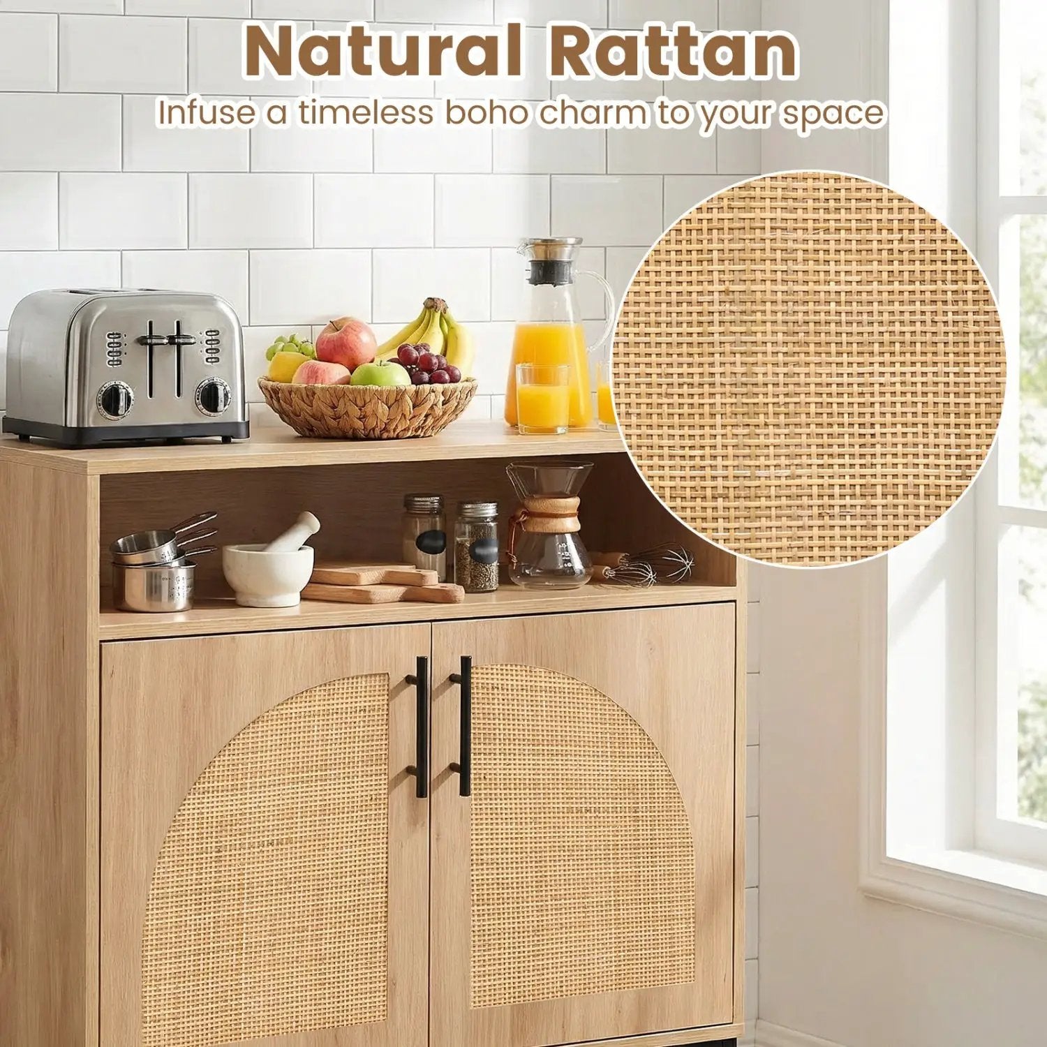 32" Sideboard Buffet Cabinet with 2 Natural Rattan Decorated Doors and Adjustable Shelf by DirectDeals