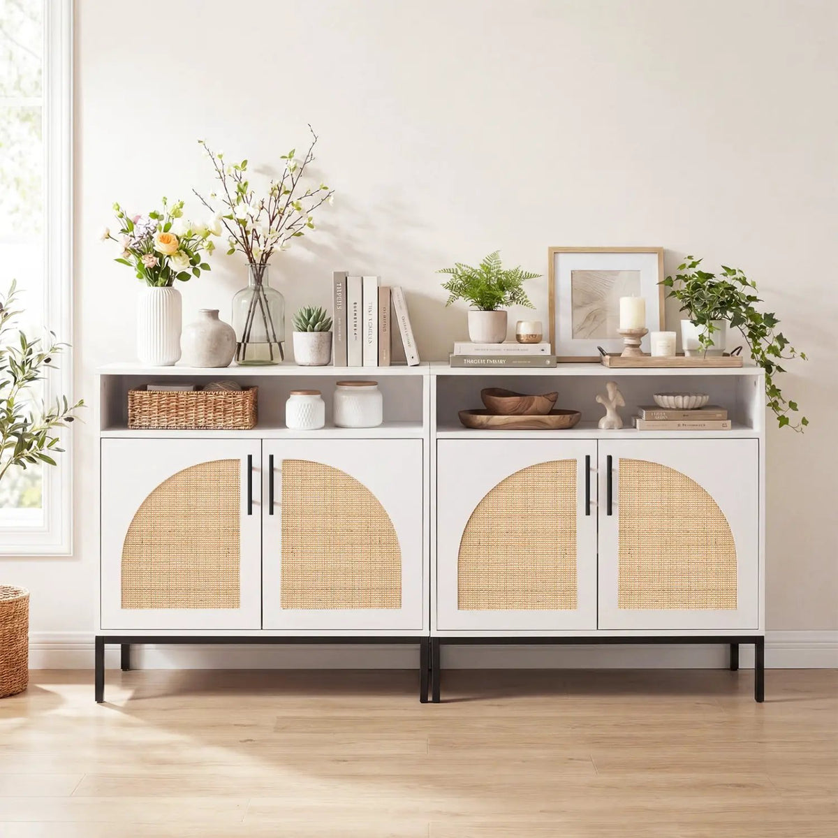 32" Sideboard Buffet Cabinet with 2 Natural Rattan Decorated Doors and Adjustable Shelf, photo 13 of 16