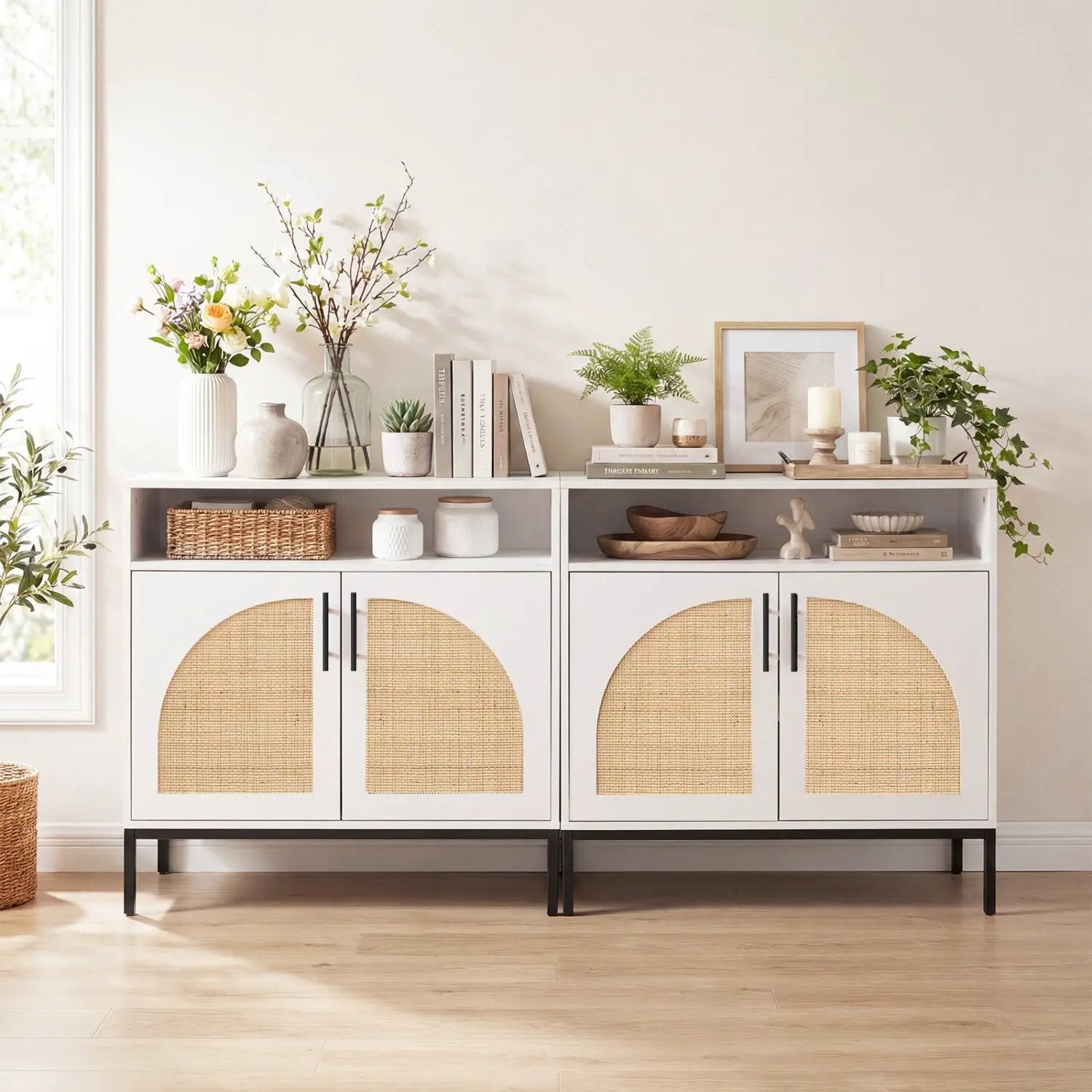 32" Sideboard Buffet Cabinet with 2 Natural Rattan Decorated Doors and Adjustable Shelf by DirectDeals