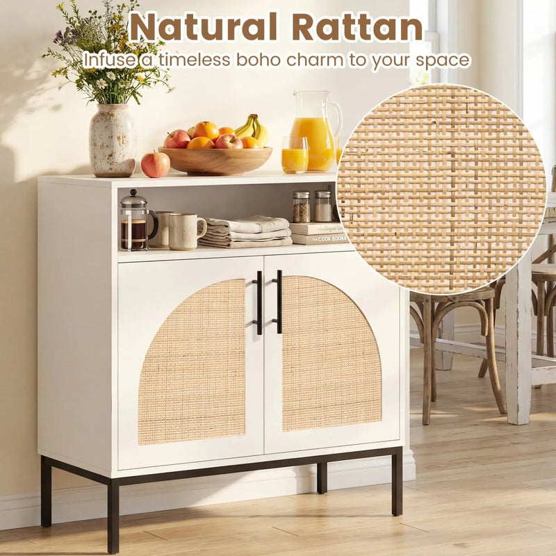 32" Sideboard Buffet Cabinet with 2 Natural Rattan Decorated Doors and Adjustable Shelf by DirectDeals