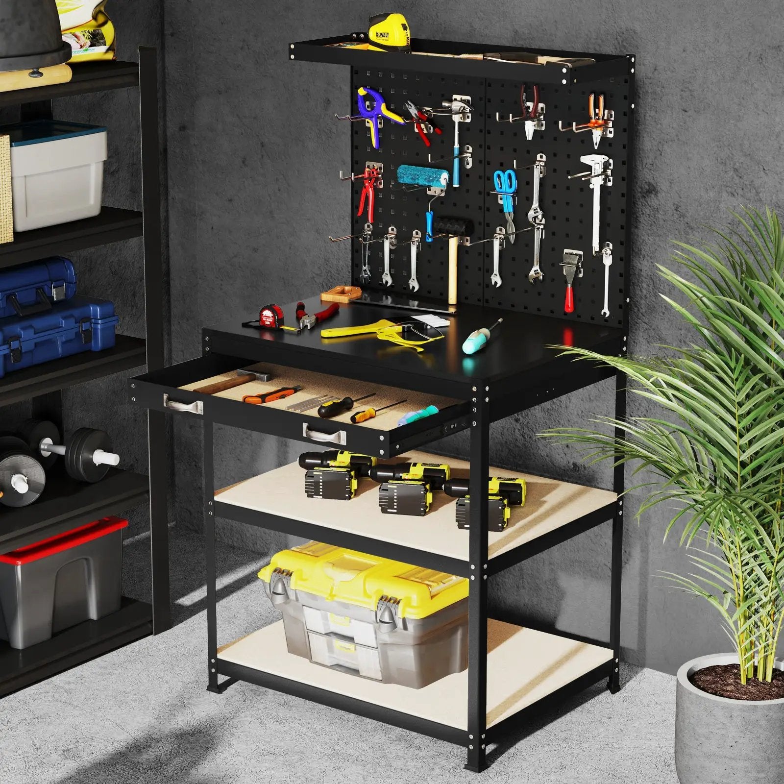 32 x 16 Inch Workbench Work Table with 2 PCs Pegboard Drawer and Shelves by DirectDeals
