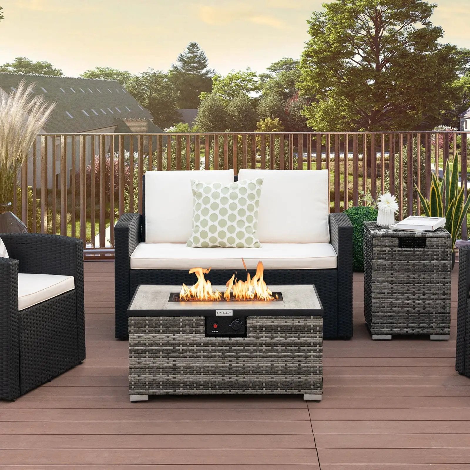 32 x 20 Inch Propane Rattan Fire Pit Table Set with Side Table Tank and Cover by DirectDeals
