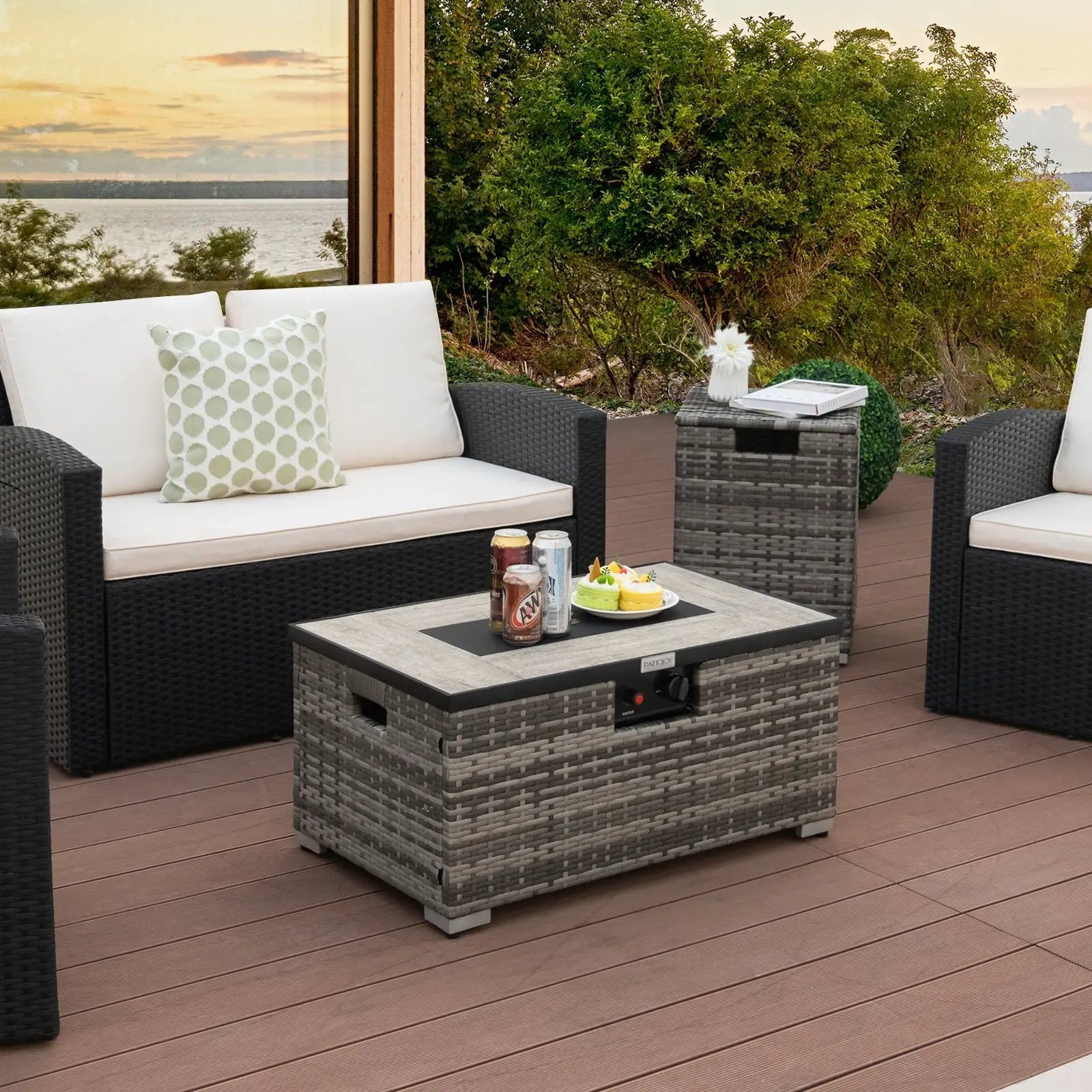 32 x 20 Inch Propane Rattan Fire Pit Table Set with Side Table Tank and Cover by DirectDeals