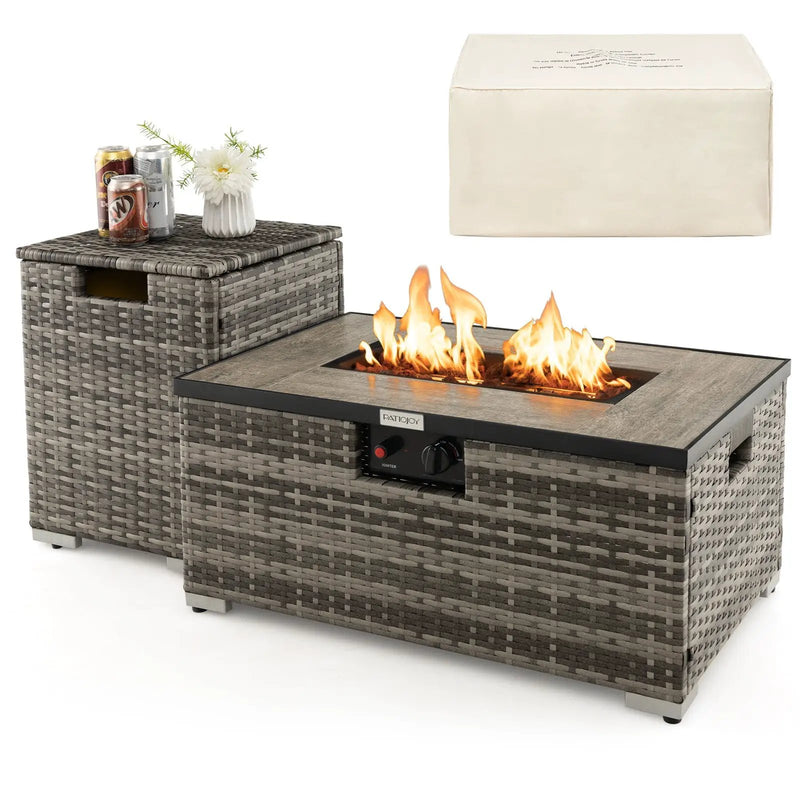 32 x 20 Inch Propane Rattan Fire Pit Table Set with Side Table Tank and Cover by DirectDeals
