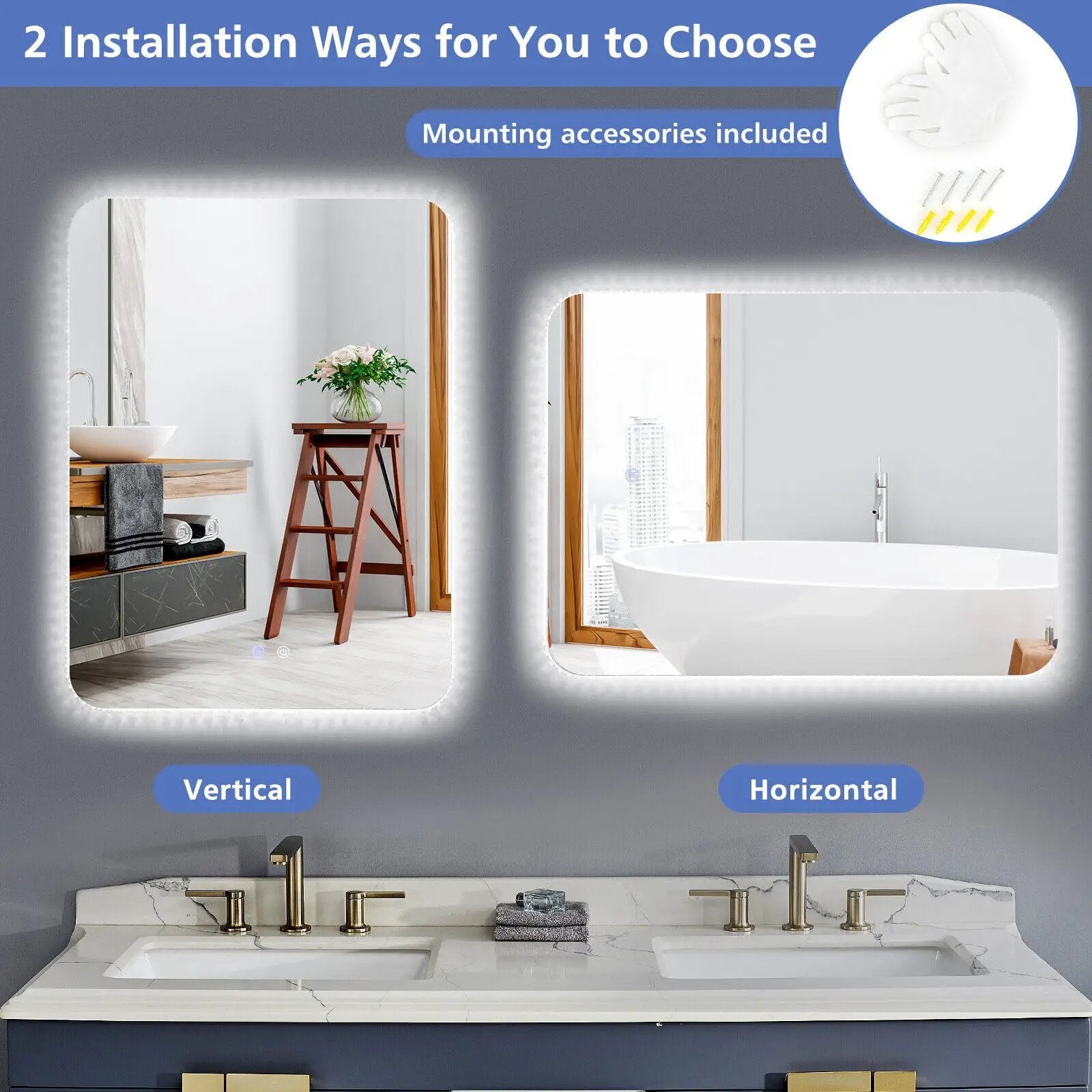 32 x 24 Inch Shatterproof Wall Mirror with 3-Color Lights and Anti-Fog Function by DirectDeals