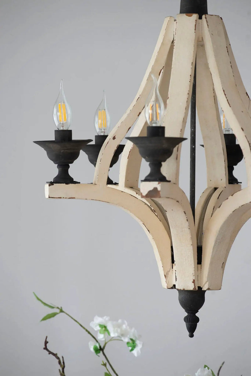 6 Light Wood Chandelier, Hanging Light Fixture With Adjustable Chain For Kitchen, Bulb Not Included - Cream by HouseOfZazla