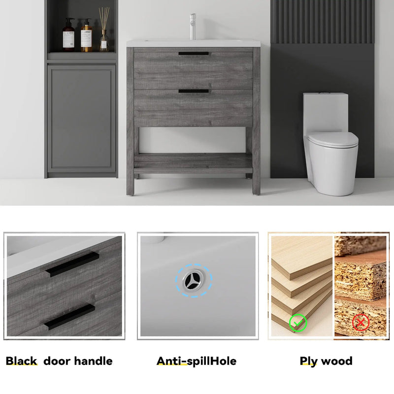36 Inch Freestanding Bathroom Vanity with Sink, Soft-Close Drawer, Ceramic Sink, Plywood by HouseOfZazla