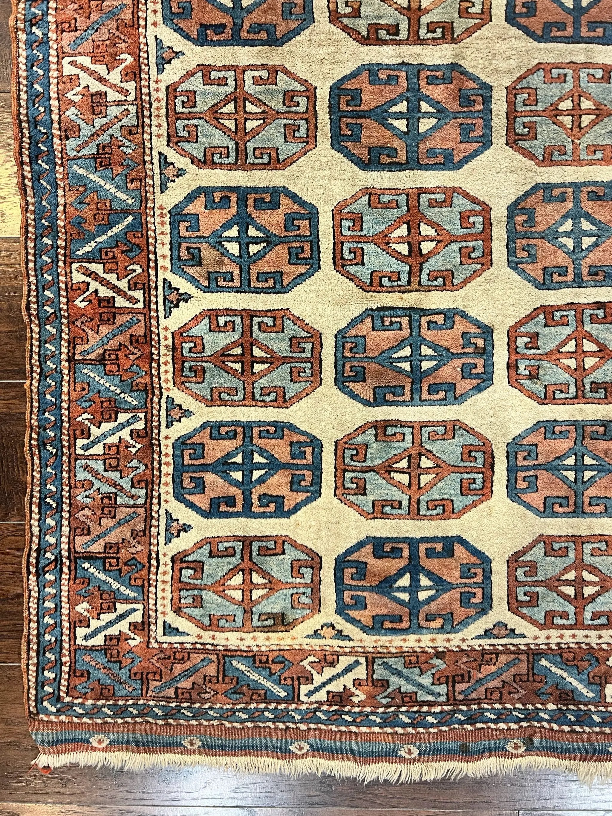 Turkish Kazak Rug 3x4, Wool Hand Knotted Handmade Vintage Carpet, Geometric Tribal Repeated Motif, Small 3 x 4 Antique Rug, Cream Red by Jewel Rugs