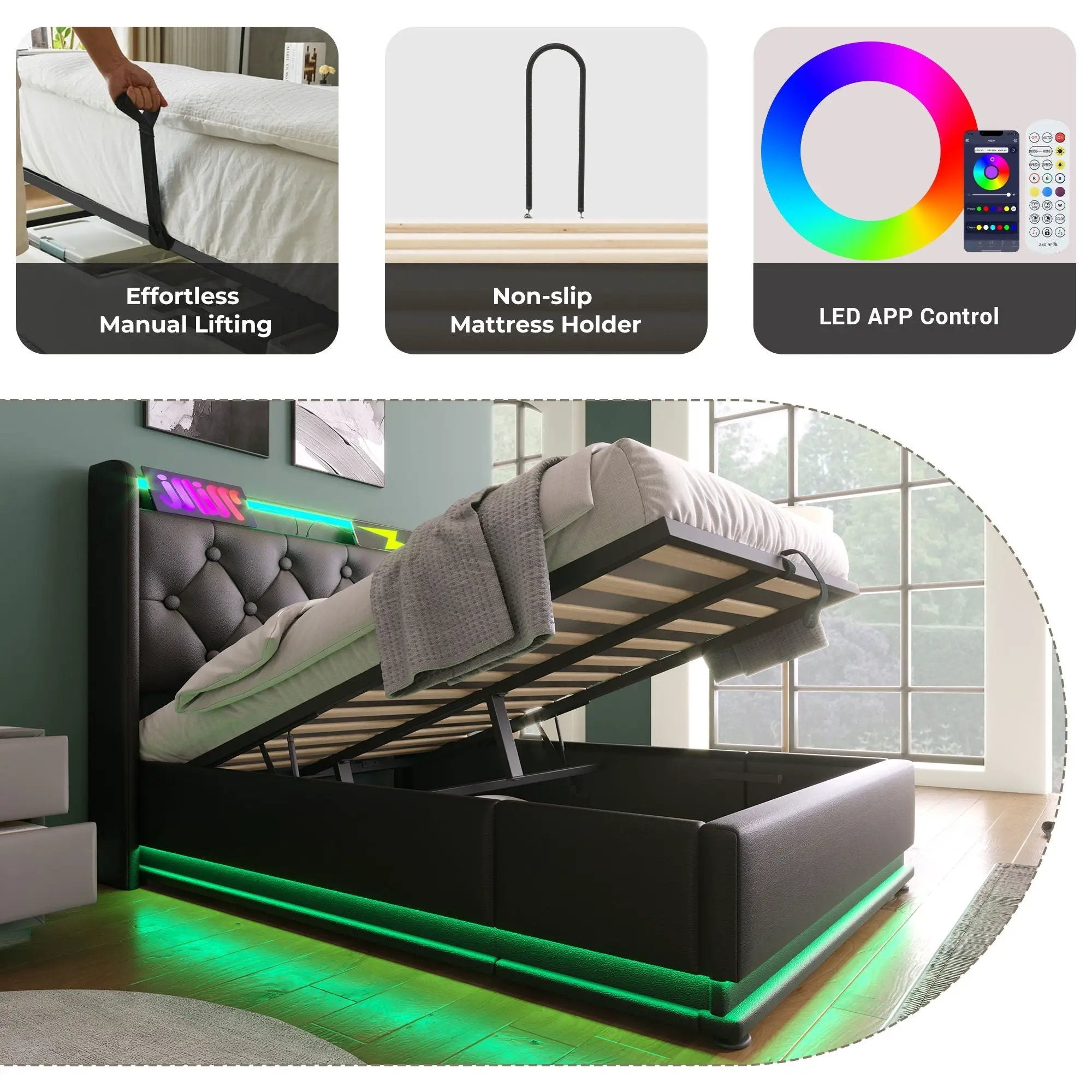 Upholstered Bed, 360 Surround LED Function, Remote Control, Hydraulic Storage Bed With USB, Type-C Charging (Without Mattress) by HouseOfZazla