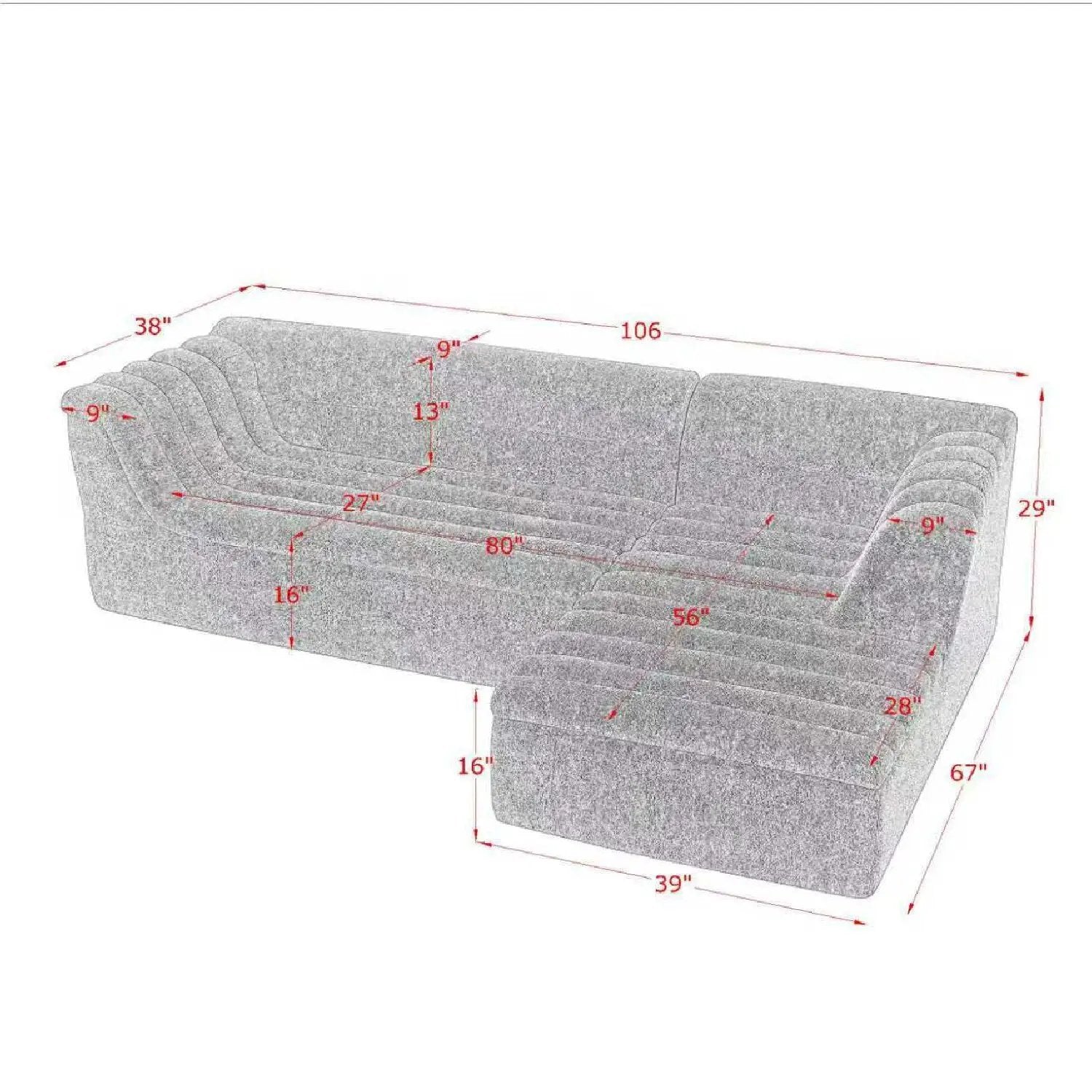 Upholstered L-Shaped Modular Sectional Sofa With Chaise, Wave-Shaped Armrest by Unique Piece Furniture