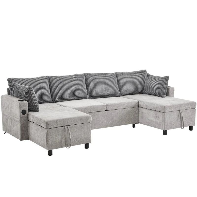 Sectional Sofa Bed With Pull Out Sleeper, USB Ports, Cup Holders by HouseOfZazla