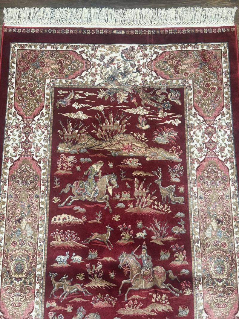 Turkish Silk Rug 3x5, Hunting Design, Dark Red & Ivory, Bamboo Silk, New by Jewel Rugs