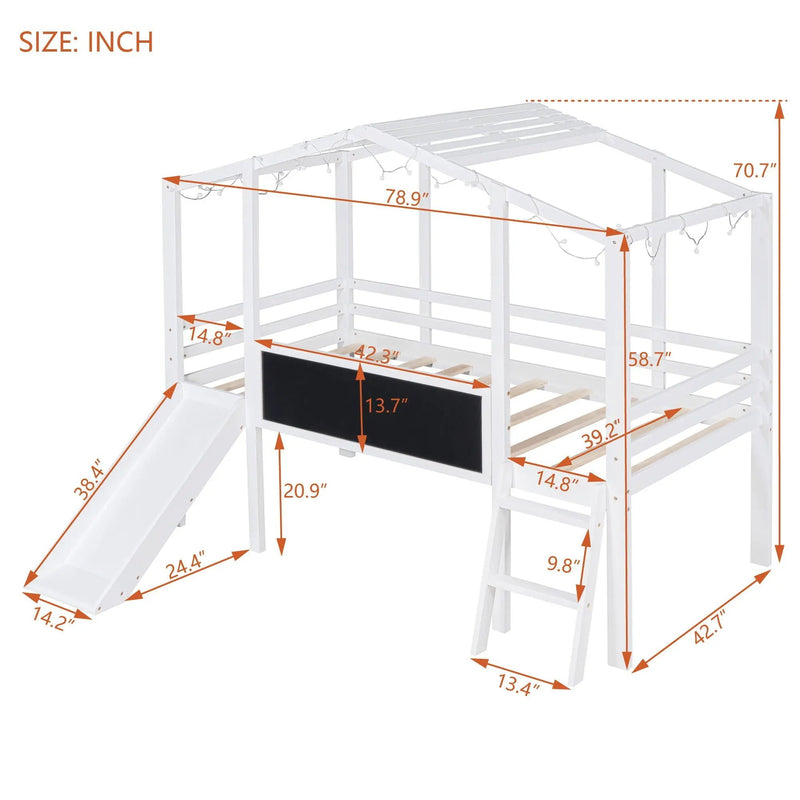 Loft House Bed With Ladder And Slide, With board And Light Strip On The Roof by HouseOfZazla