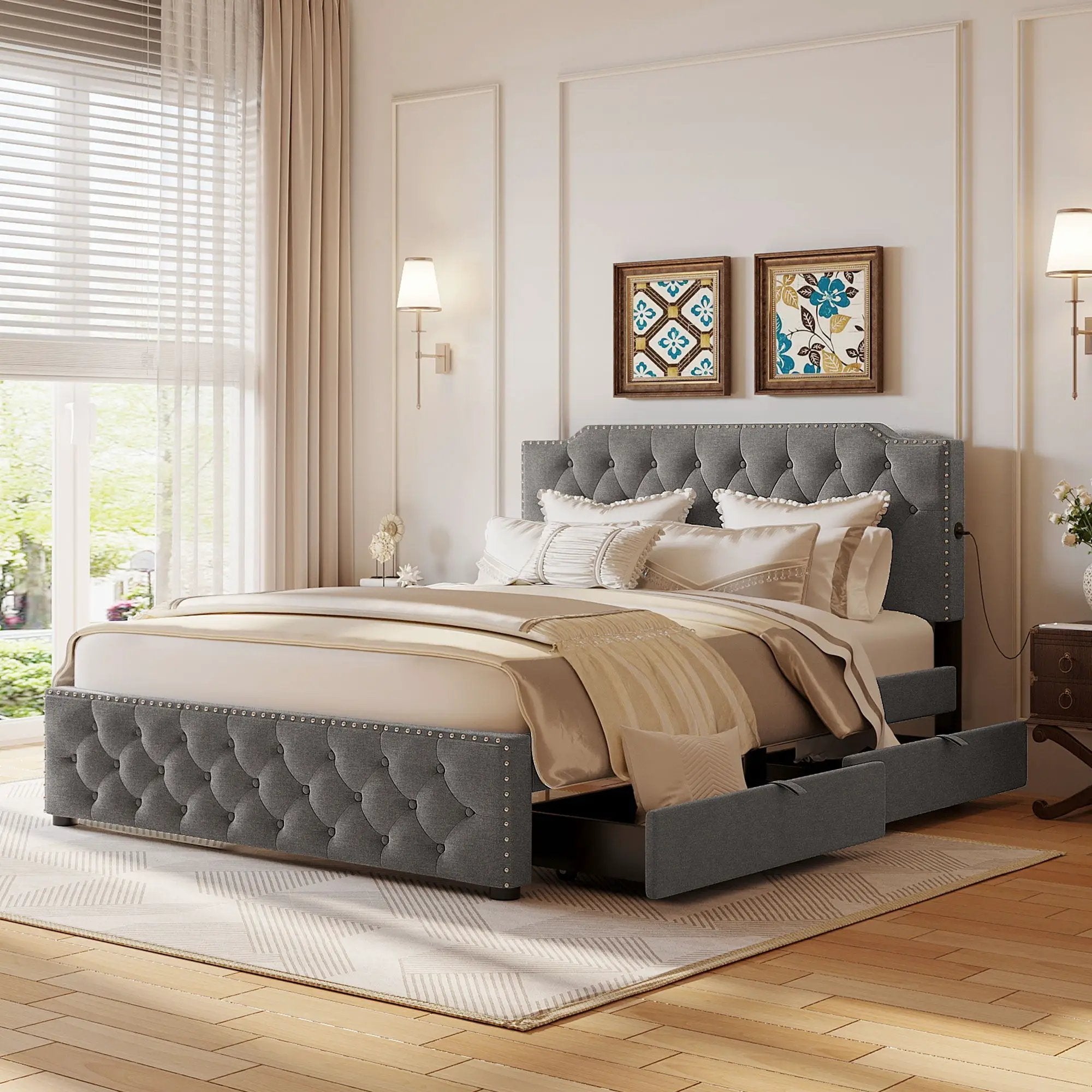Upholstered Platform Bed With 2 Drawers And 2 Sets Of USB Ports On Each Side, Fabric by Unique Piece Furniture