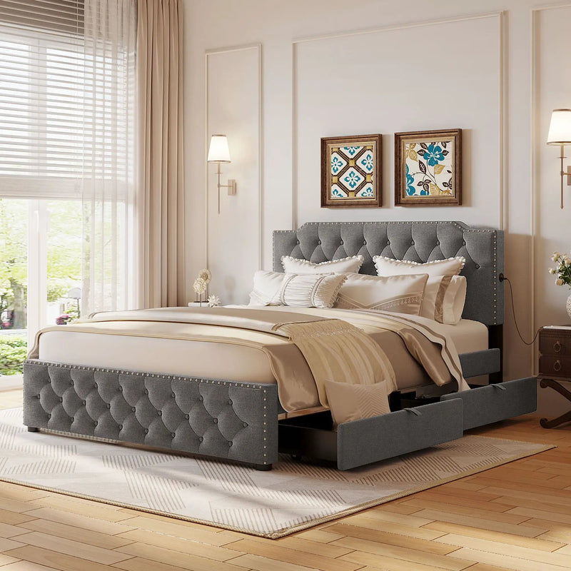 Upholstered Platform Bed With 2 Drawers And 2 Sets Of USB Ports On Each Side, Fabric by Unique Piece Furniture