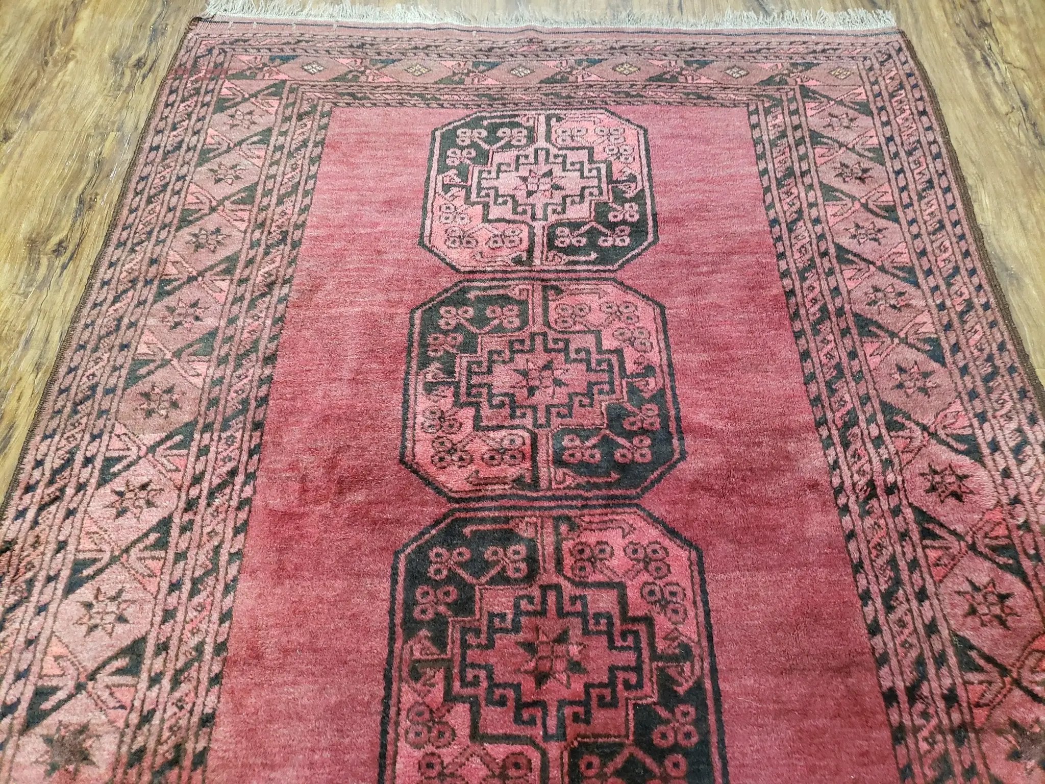 Antique Bukhara Area Rug, Vintage Afghan Bokhara Bashir Rug, 4x6 Hand-Knotted Oriental Carpet, Red & Black Wool Rug, 4' x 5'9 by Jewel Rugs