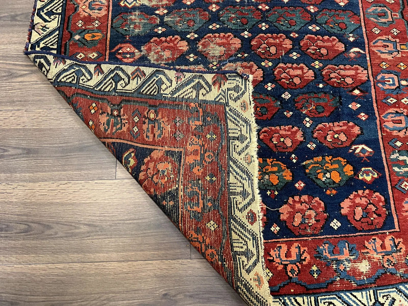 Antique Seychour Rug 4x7, Collectible Kuba Caucasian Carpet, Wool Handmade, Red Navy Blue Cream, Repeated Allover Motif, Early 20th Century by Jewel Rugs