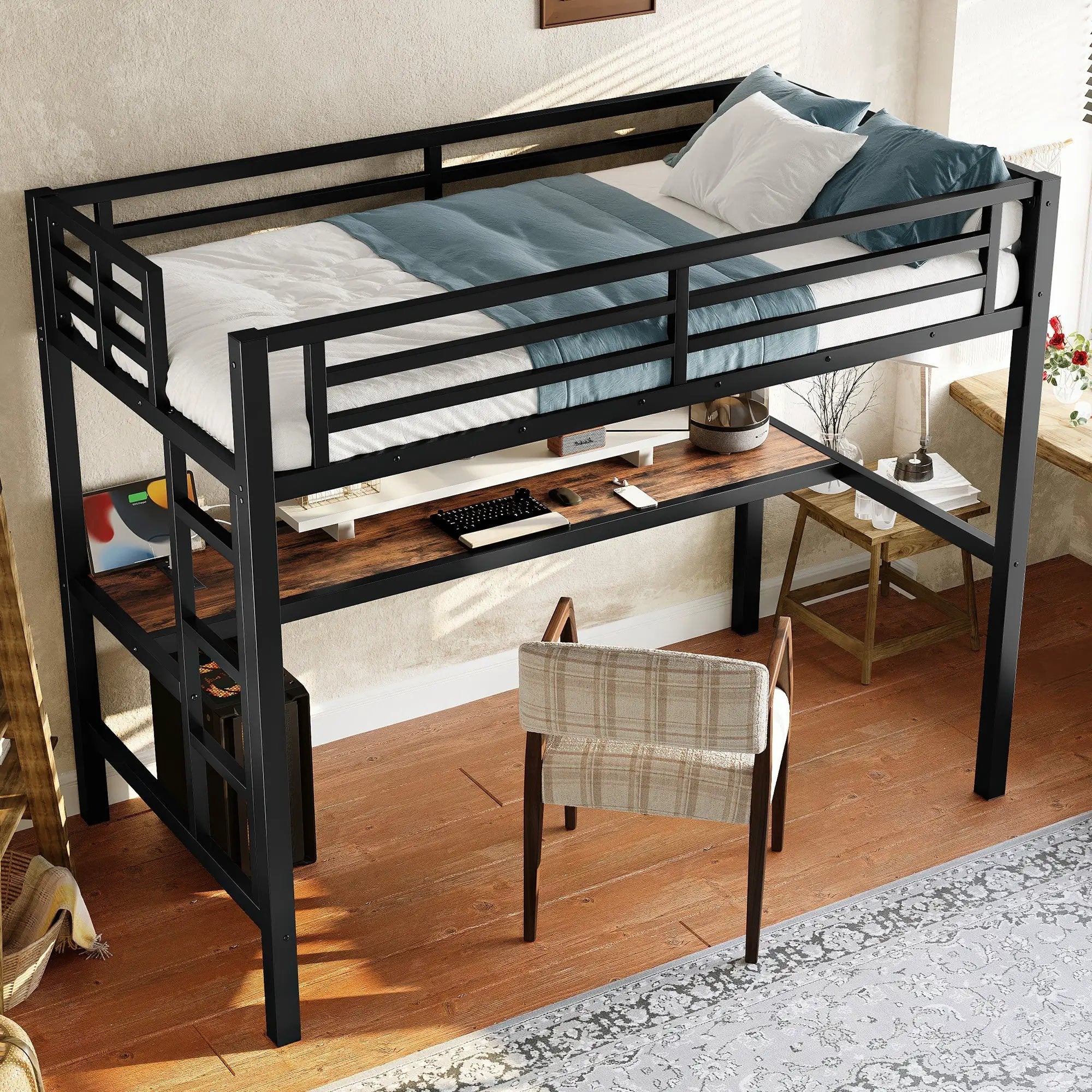 Metal Twin Size Loft Bed with Power Outlet and LED Lighted by HouseOfZazla