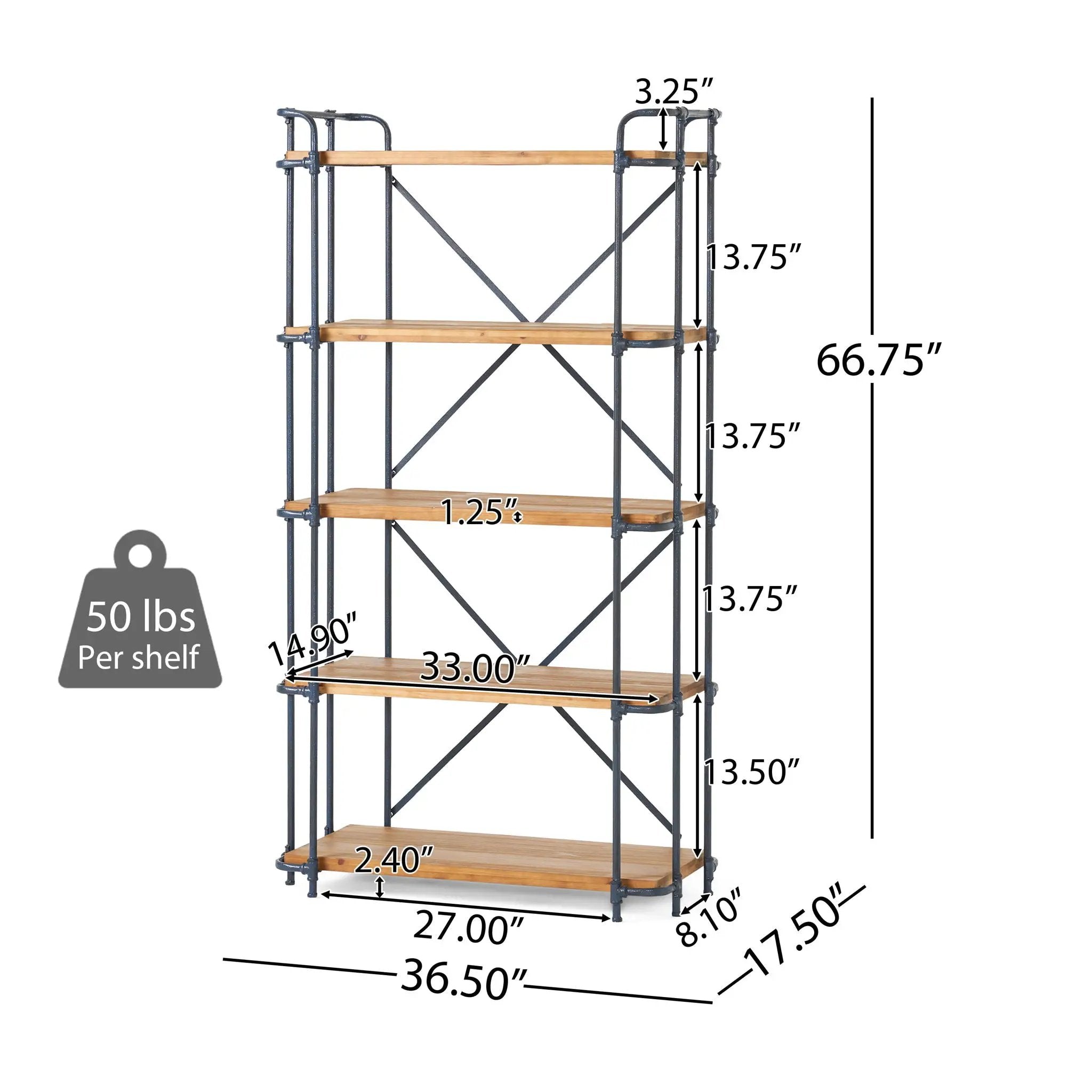 Yorktown Industrial 5 Shelf Bookcase with Metal Pipework and Solid Fir - Natural by HouseOfZazla