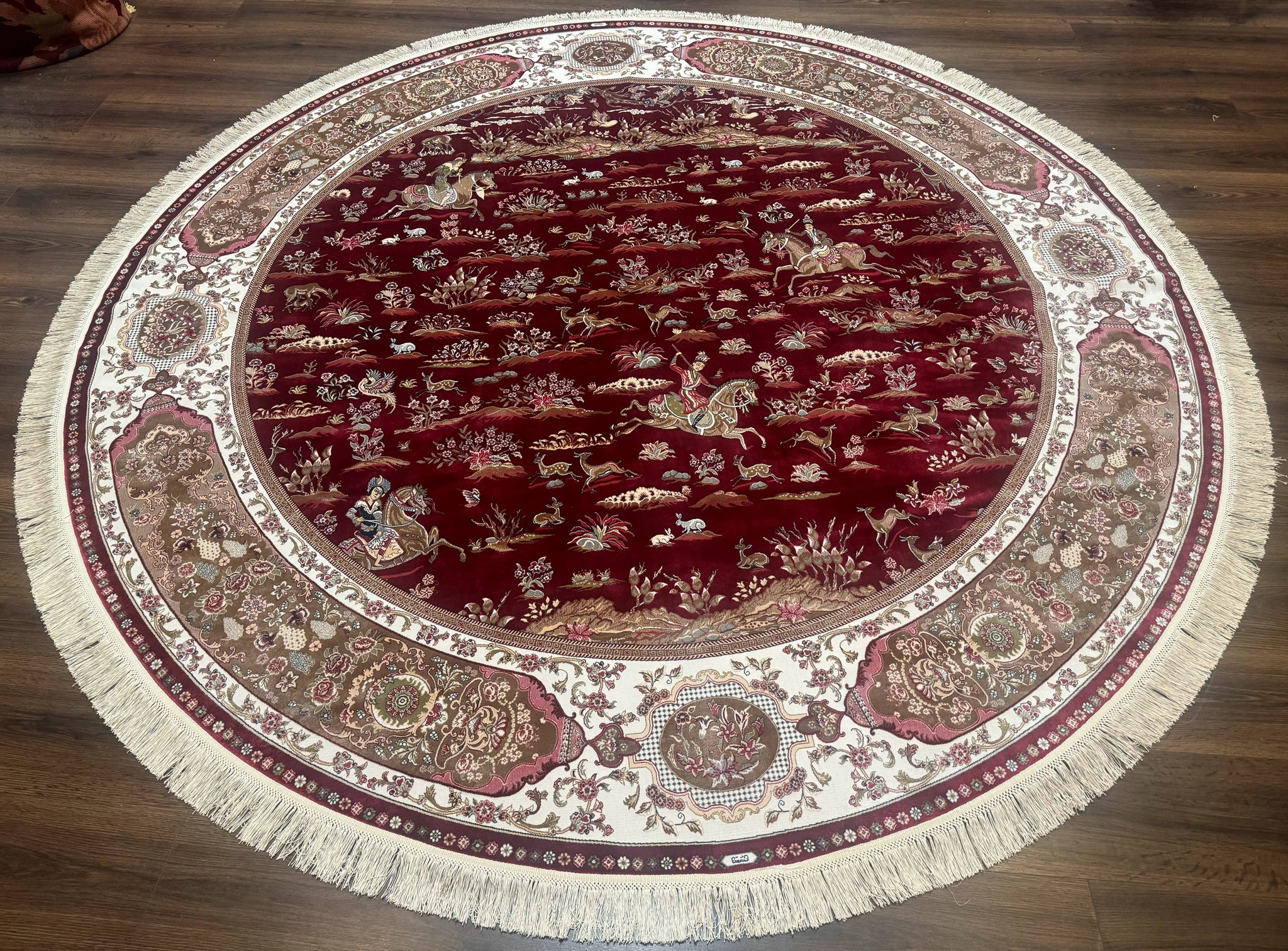 Large Round Turkish Silk Rug 8x8, Hunting Design, Dark Red & Ivory, Bamboo Silk by Jewel Rugs