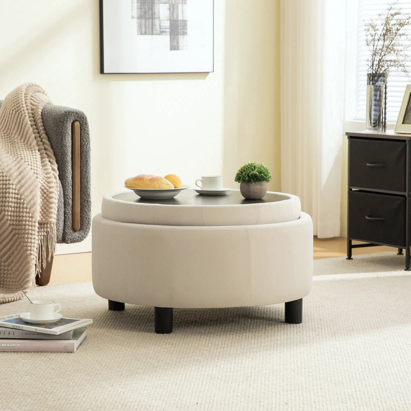 29.33"W Upholstered Round Ottoman With Reversible Lid by HouseOfZazla