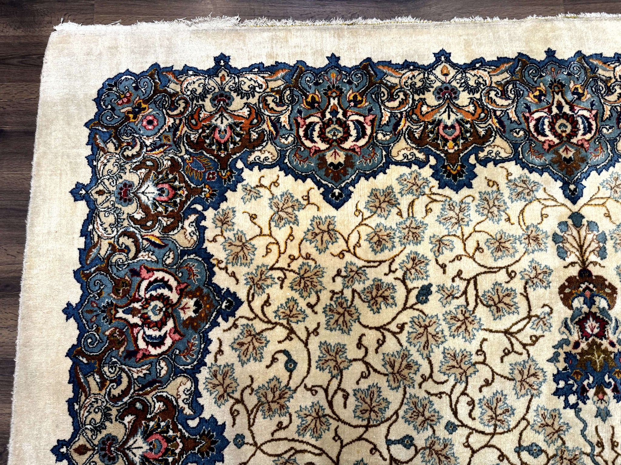 Persian Kashan Rug 9 x 12.6, Ivory and Blue, Floral Medallion, Wool Hand Knotted Semi Antique Carpet by Jewel Rugs