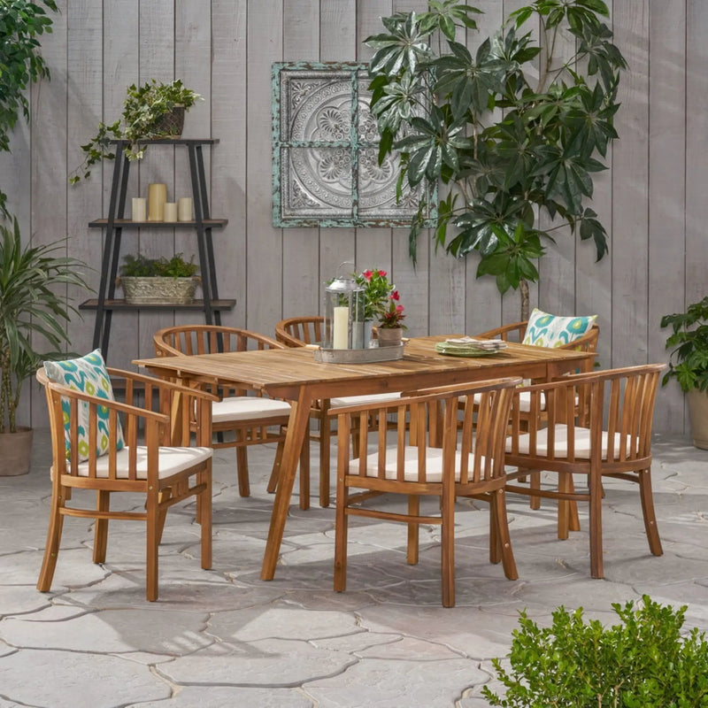 Outdoor 6 Seater Acacia Wood Dining Set with Cushions in Teak Finish and Cream Color by HouseOfZazla