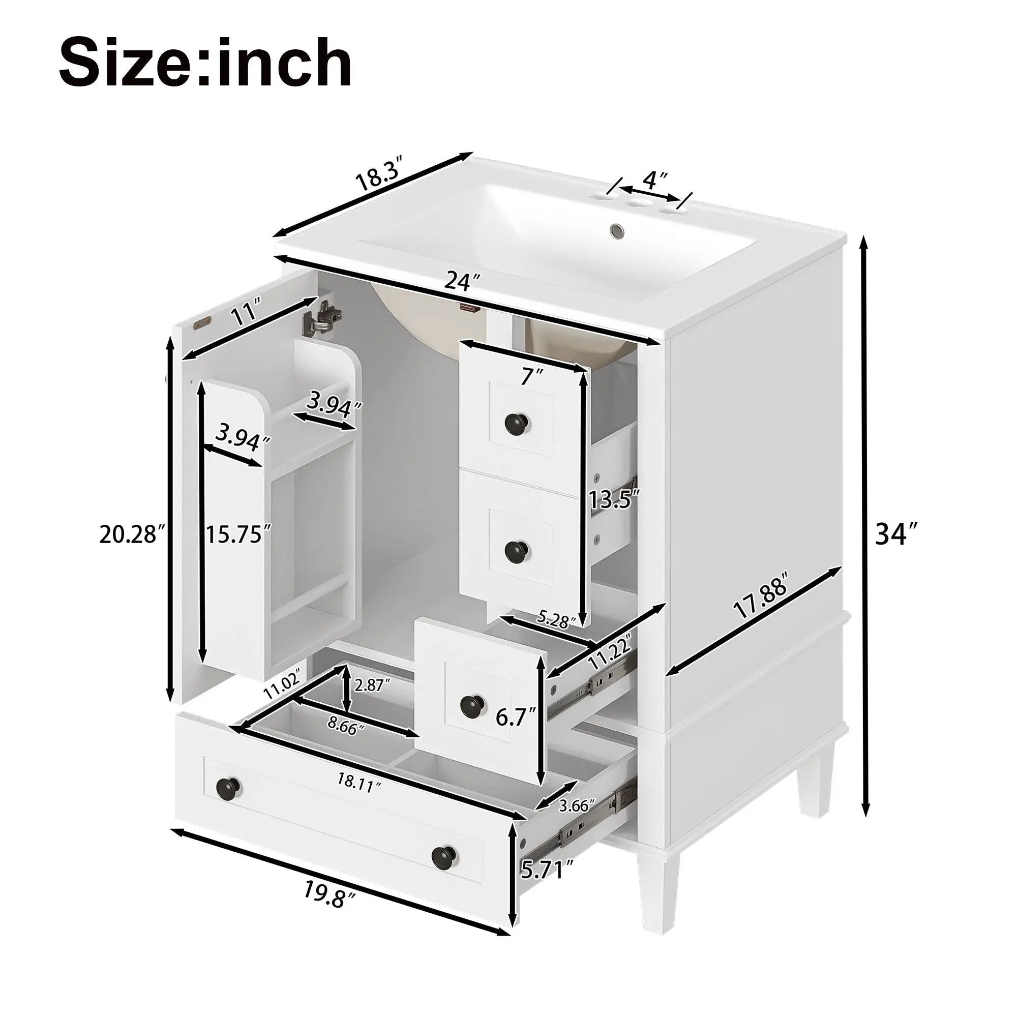 Bathroom Vanity With Integrated Basin, Soft Close Drawers, Door Mounted Double Layer Shelf by HouseOfZazla