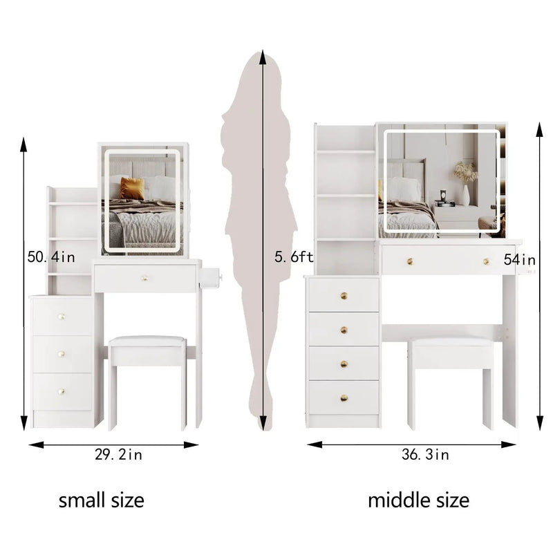 Cabinet Vanity Table & Cushioned Stool, USB Power Station, Hair Dryer Bracket - White by Unique Piece Furniture