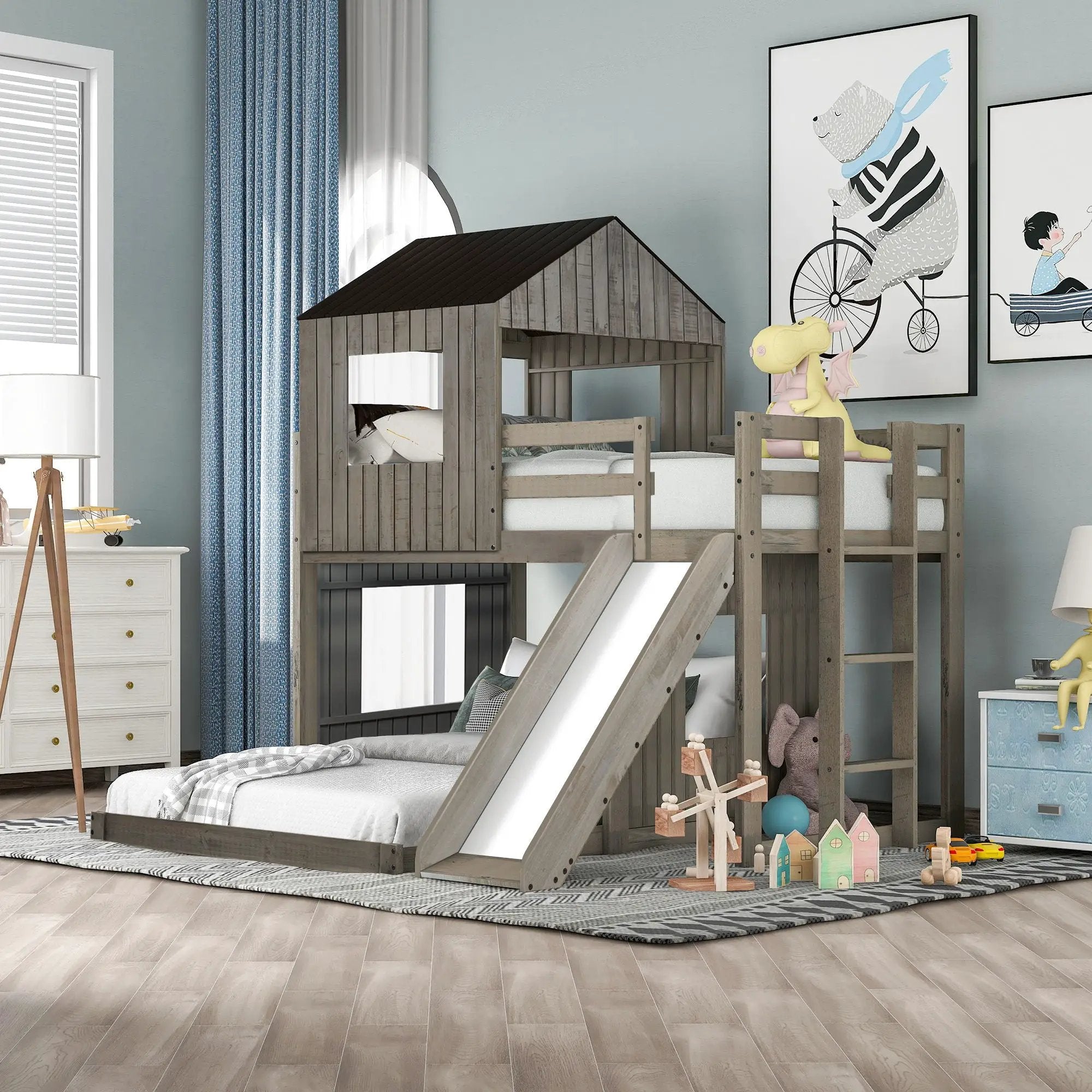 Loft Bunk Bed With Playhouse, Farmhouse, Ladder, Slide And Guardrails by HouseOfZazla