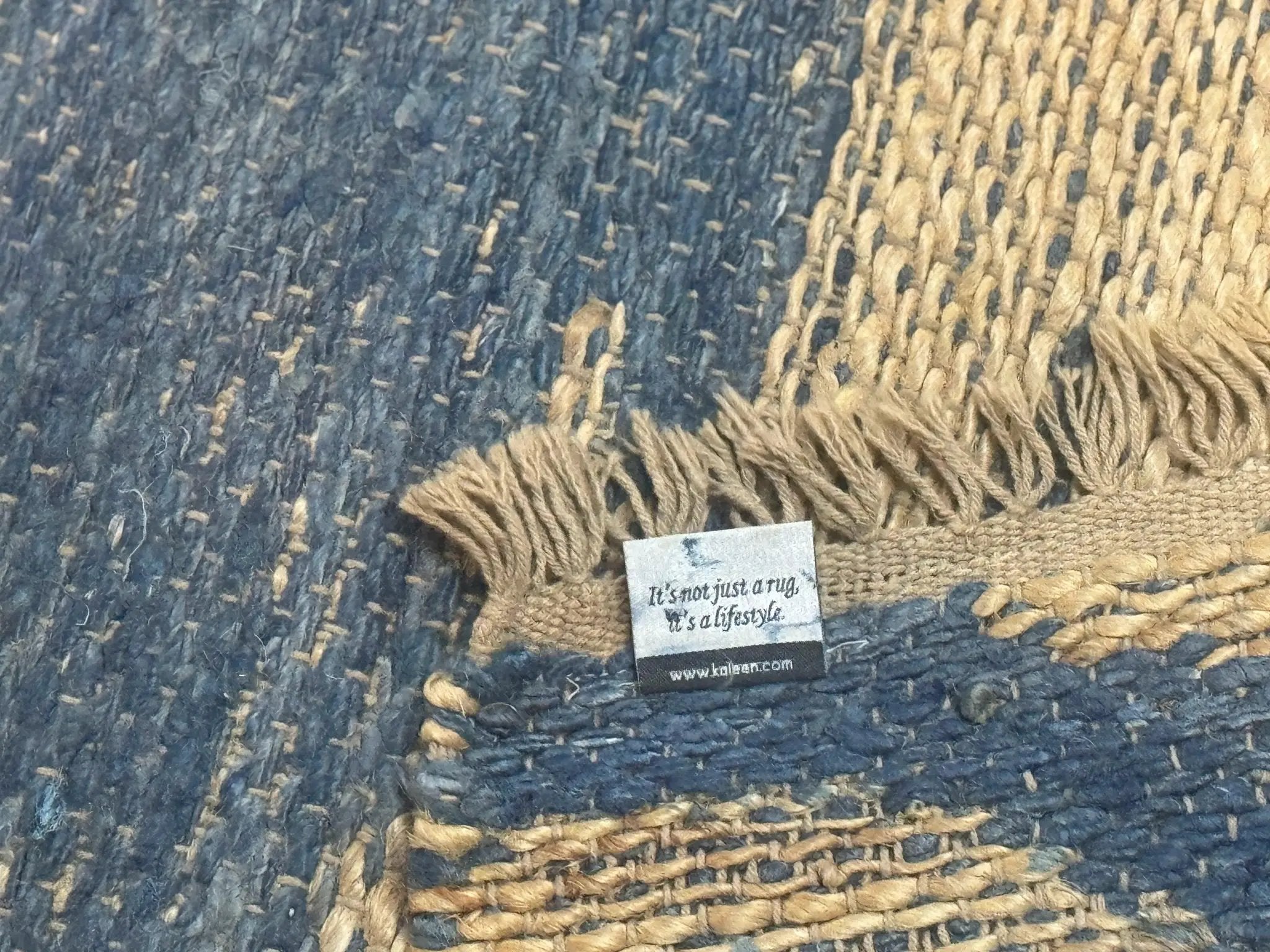 Modern Jute Runner Rug 2.9 x 7.9, Beige and Blue, Handwoven, Kaleen Rug by Jewel Rugs