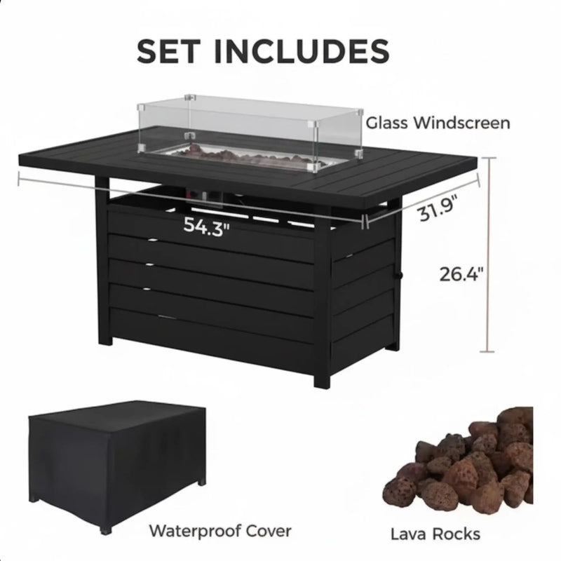 Rectangular Propane Fire Pit Table With Burner, Lava Rock, Waterproof Cover by HouseOfZazla