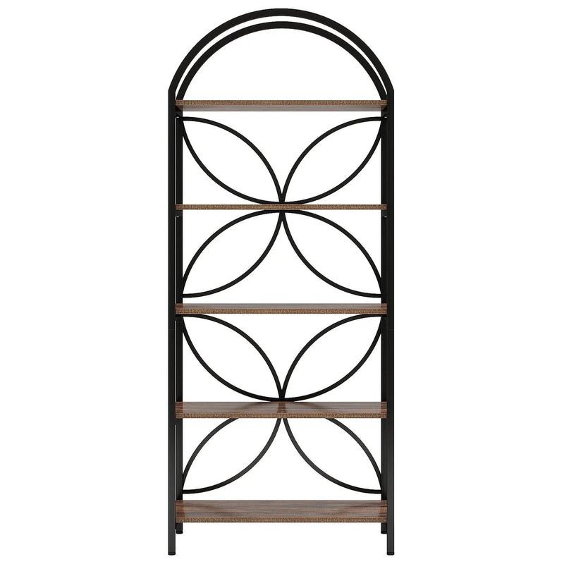 Tall 5 Tier Arched Bookshelf With Shelves For Living Room - Rustic Brown by HouseOfZazla