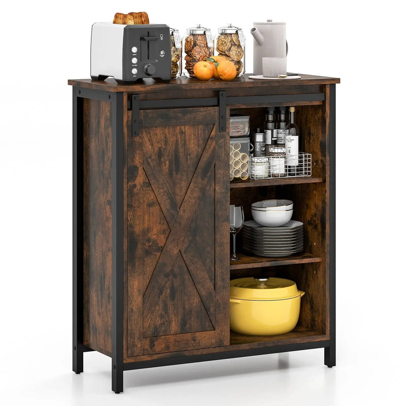 32 Inch Farmhouse Sideboard Buffet Cabinet with Sliding Barn Door and Adjustable Shelves-Rustic Brown by DirectDeals