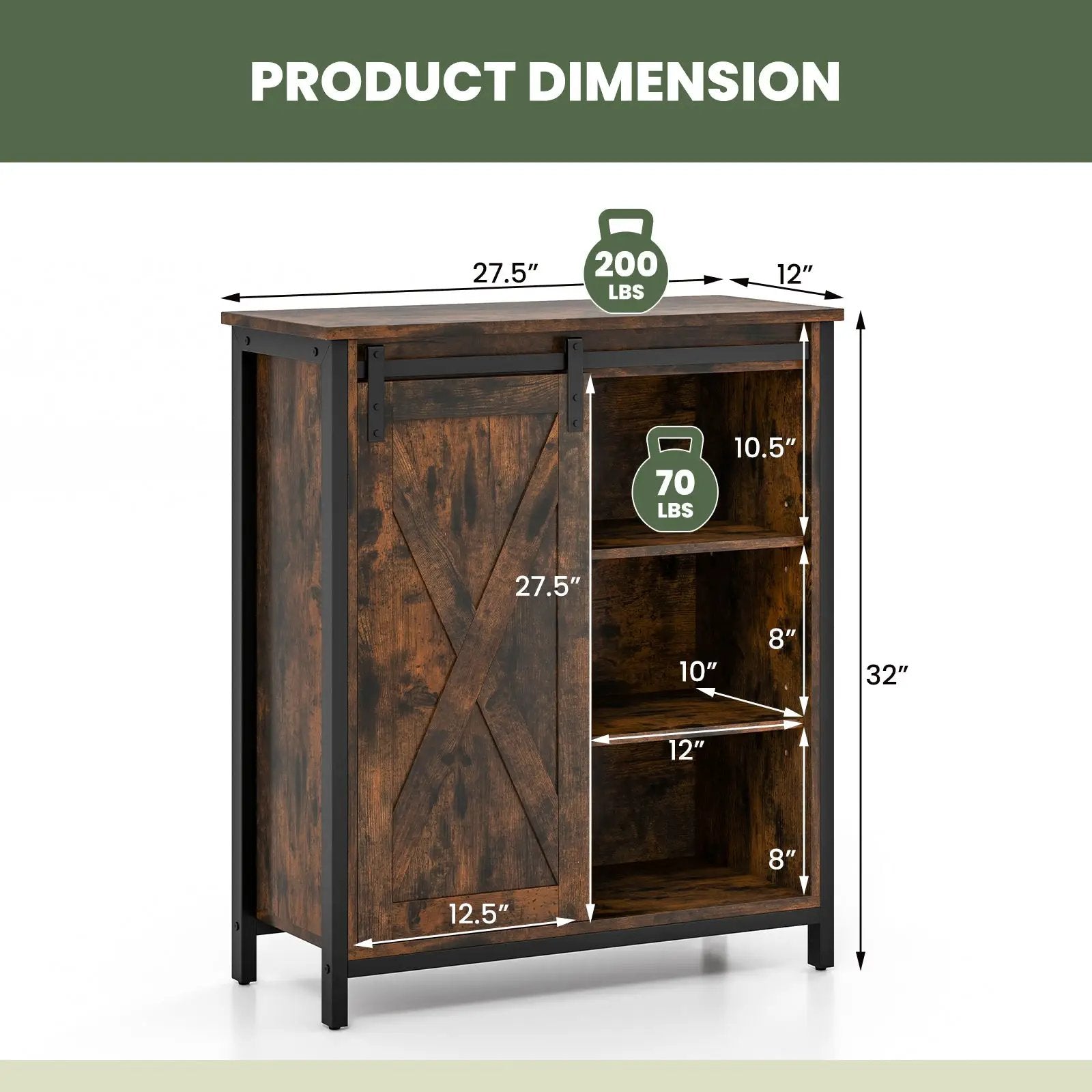 32 Inch Farmhouse Sideboard Buffet Cabinet with Sliding Barn Door and Adjustable Shelves-Rustic Brown by DirectDeals