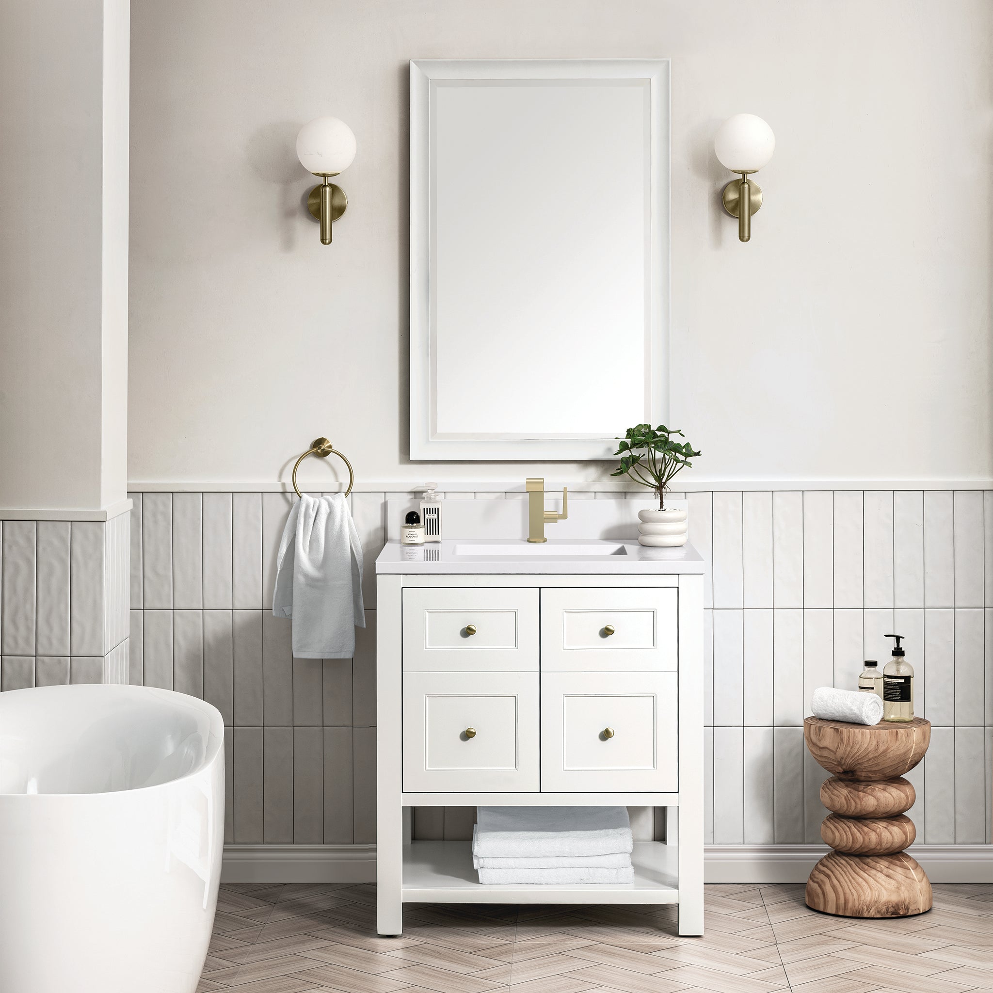 James Martin Breckenridge 30" Single Bathroom Vanity, Bright White with White Zeus (Single Hole, with Backsplash) countertop
