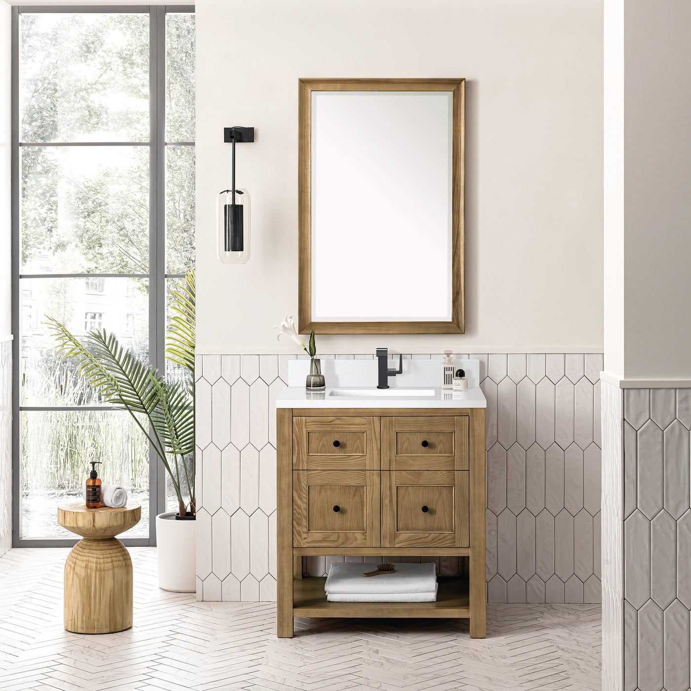 James Martin Breckenridge 30" Single Bathroom Vanity, Light Natural Oak with White Zeus (Single Hole, with Backsplash) countertop