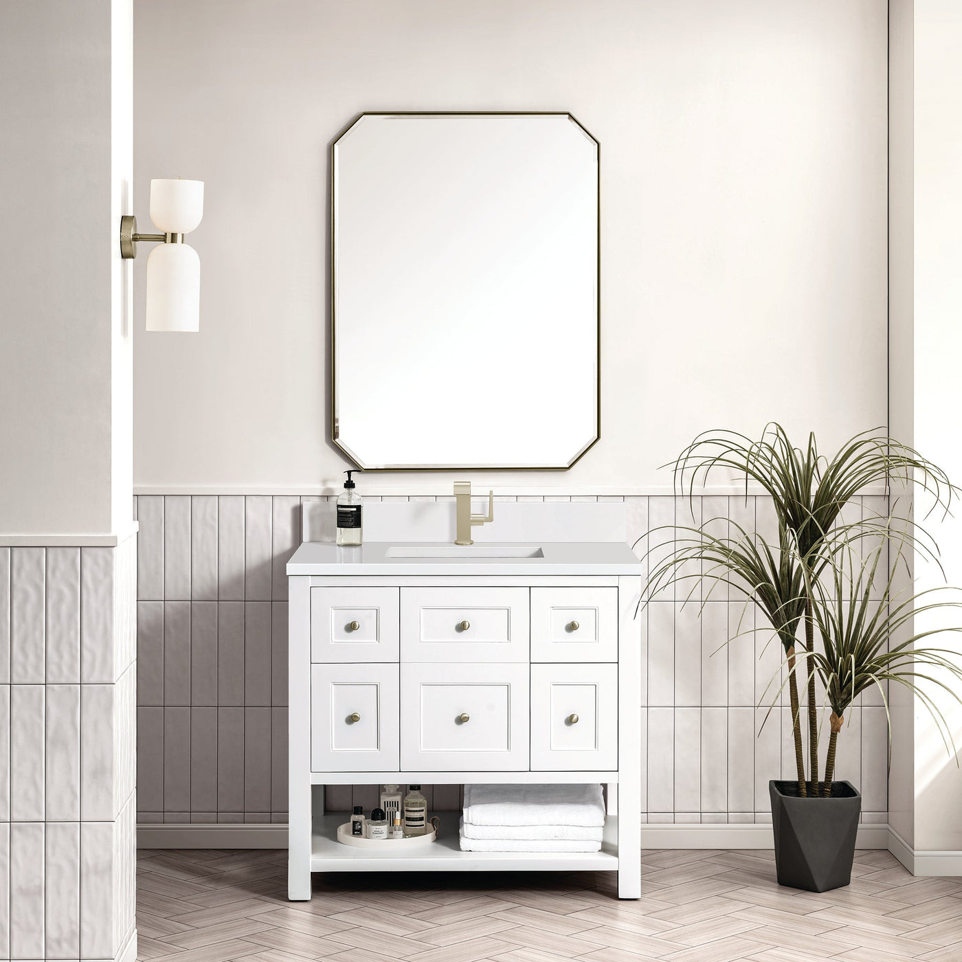 James Martin Breckenridge 36" Single Bathroom Vanity, Bright White with White Zeus (Single Hole, with Backsplash) countertop
