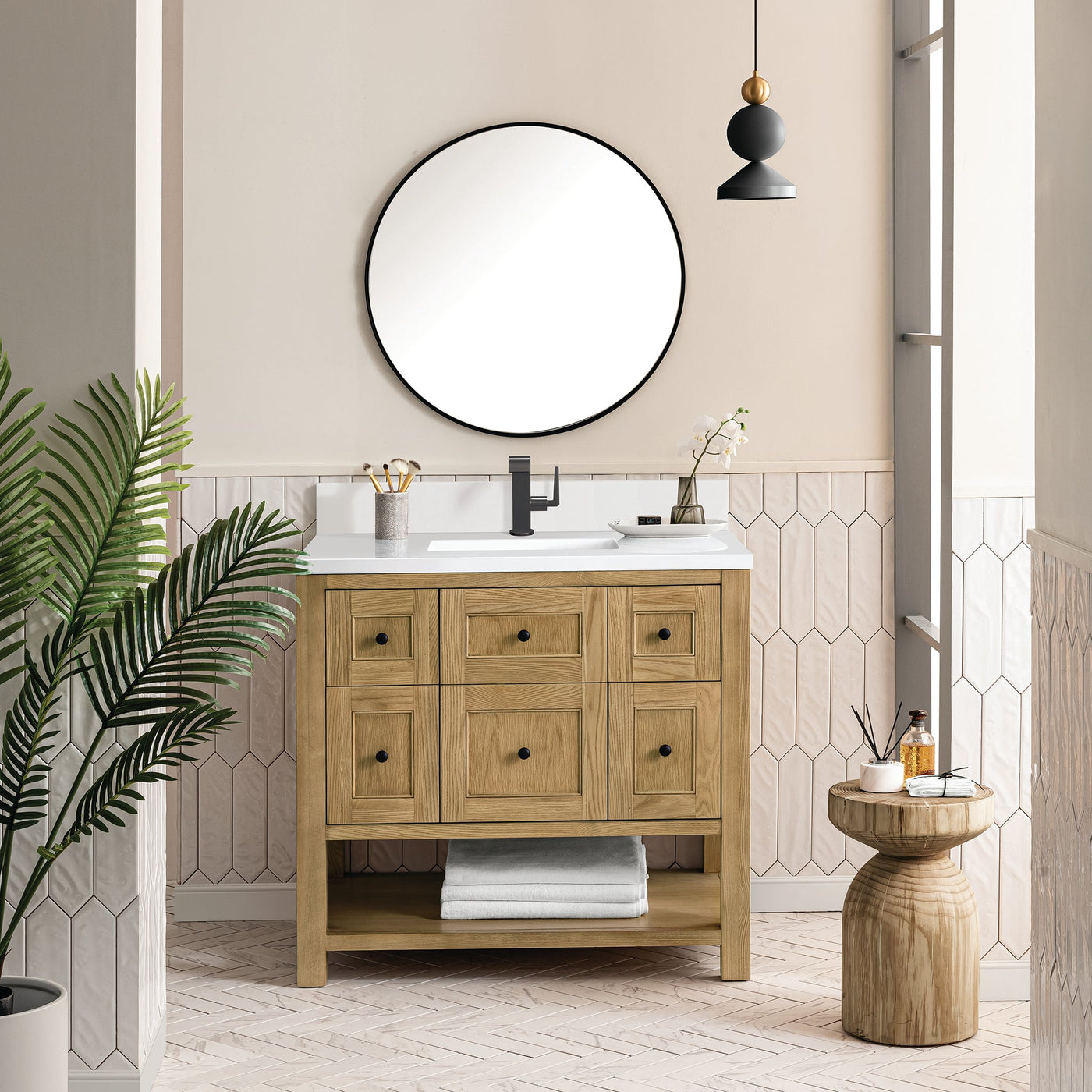 James Martin Breckenridge 36" Single Bathroom Vanity, Light Natural Oak with White Zeus (Single Hole, with Backsplash) countertop