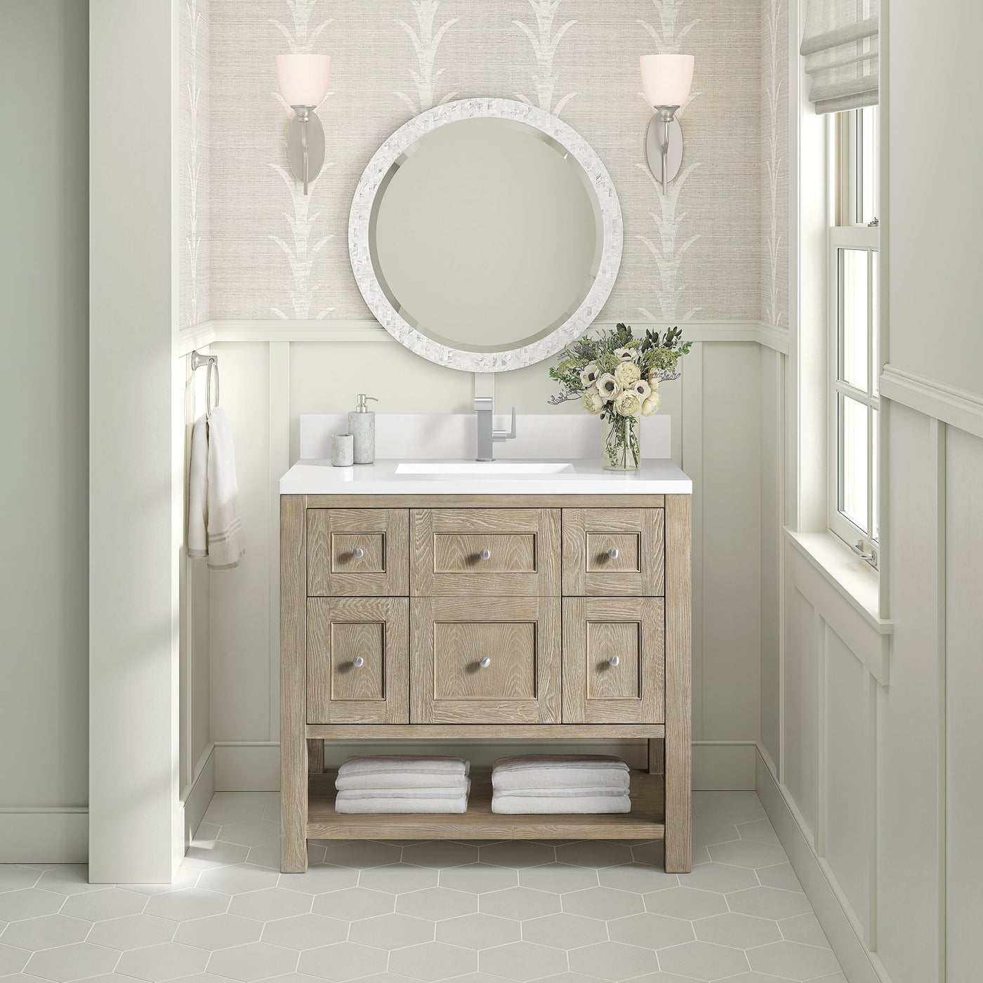 James Martin Breckenridge 36" Single Bathroom Vanity, Whitewashed Oak with White Zeus (Single Hole, with Backsplash) countertop